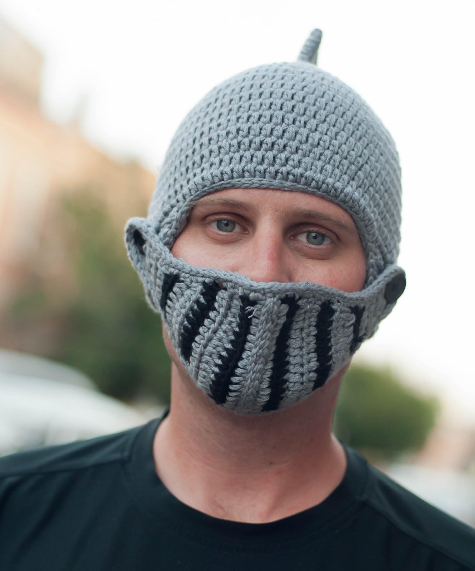 Handmade crochet knight hat, beanie, helmat, armor with removable face guard - fits preteen, teen and adult female