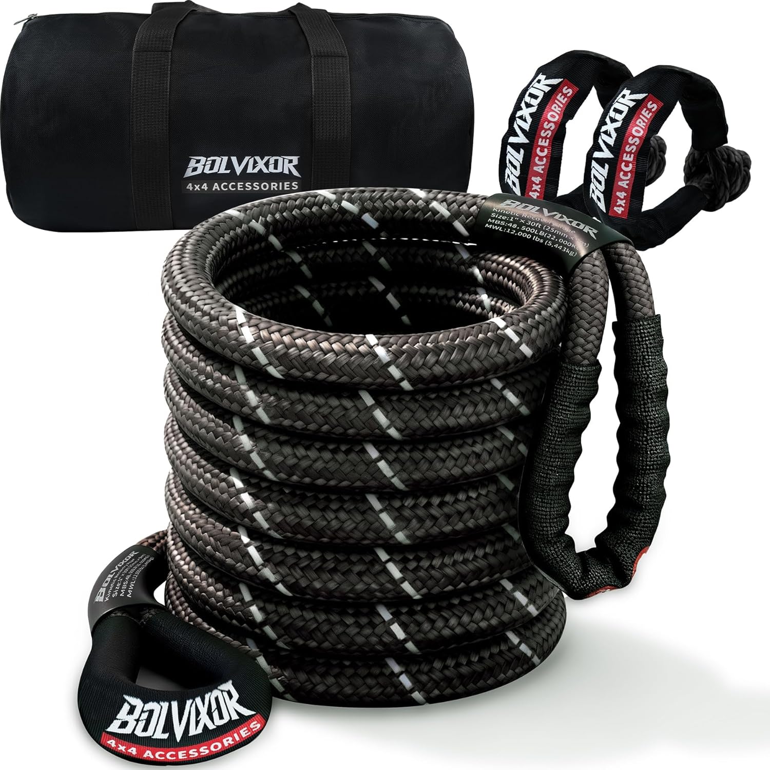 1" x 30ft Heavy-Duty Kinetic Tow Rope 48,500 lbs Breaking Strength 30%+ Elasticity Reflective Recovery Rope with 2 Soft Shackles for Off-Road Truck, SUV, ATV, UTV, Tractor – Black