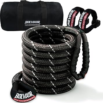 1" x 30ft Heavy-Duty Kinetic Tow Rope 48,500 lbs Breaking Strength 30%+ Elasticity Reflective Recovery Rope with 2 Soft Shackles for Off-Road Truck, SUV, ATV, UTV, Tractor Black