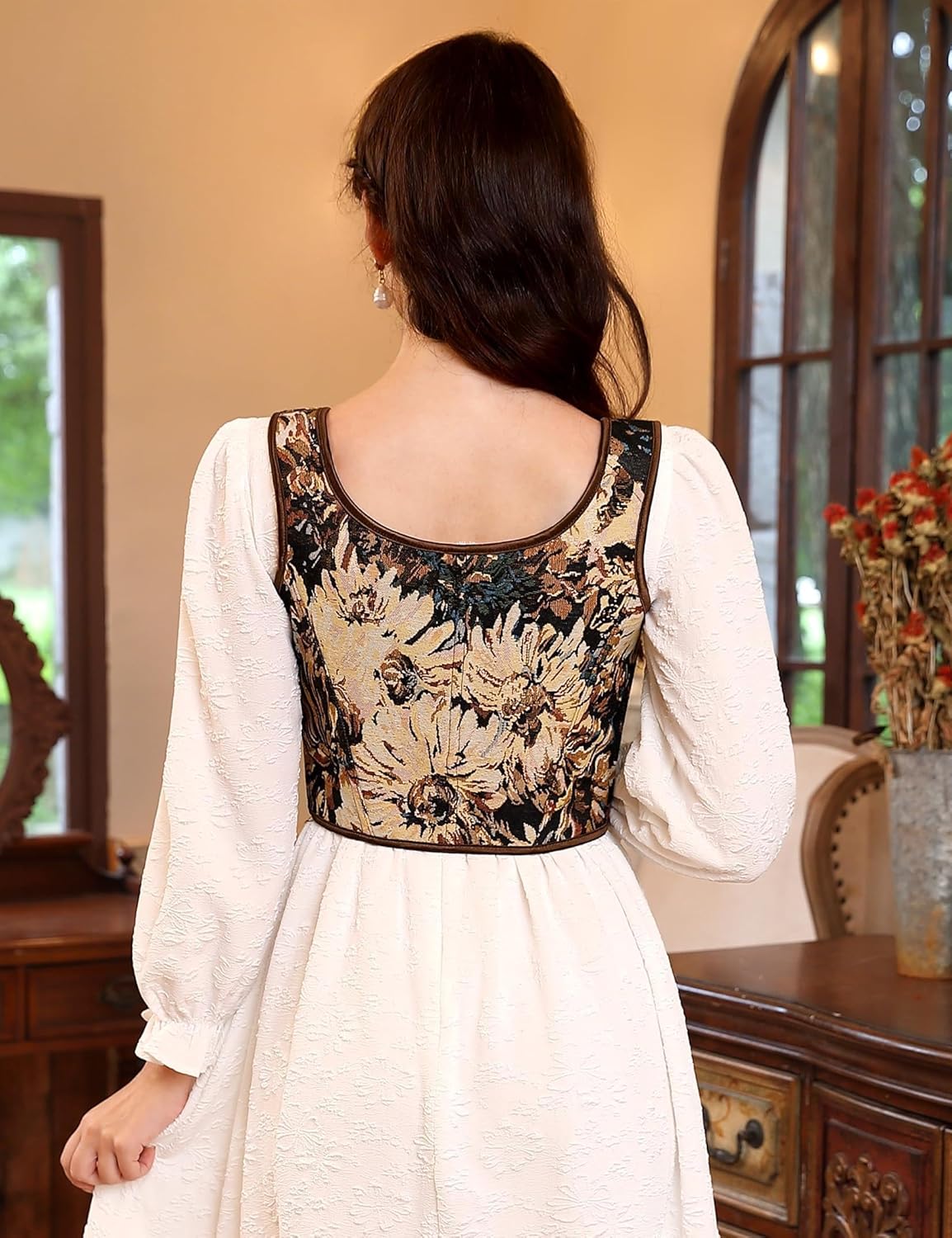Women's Vintage Floral Lace-Up Fishbone Print Vest Pirate Costume Black Cosmos Top
