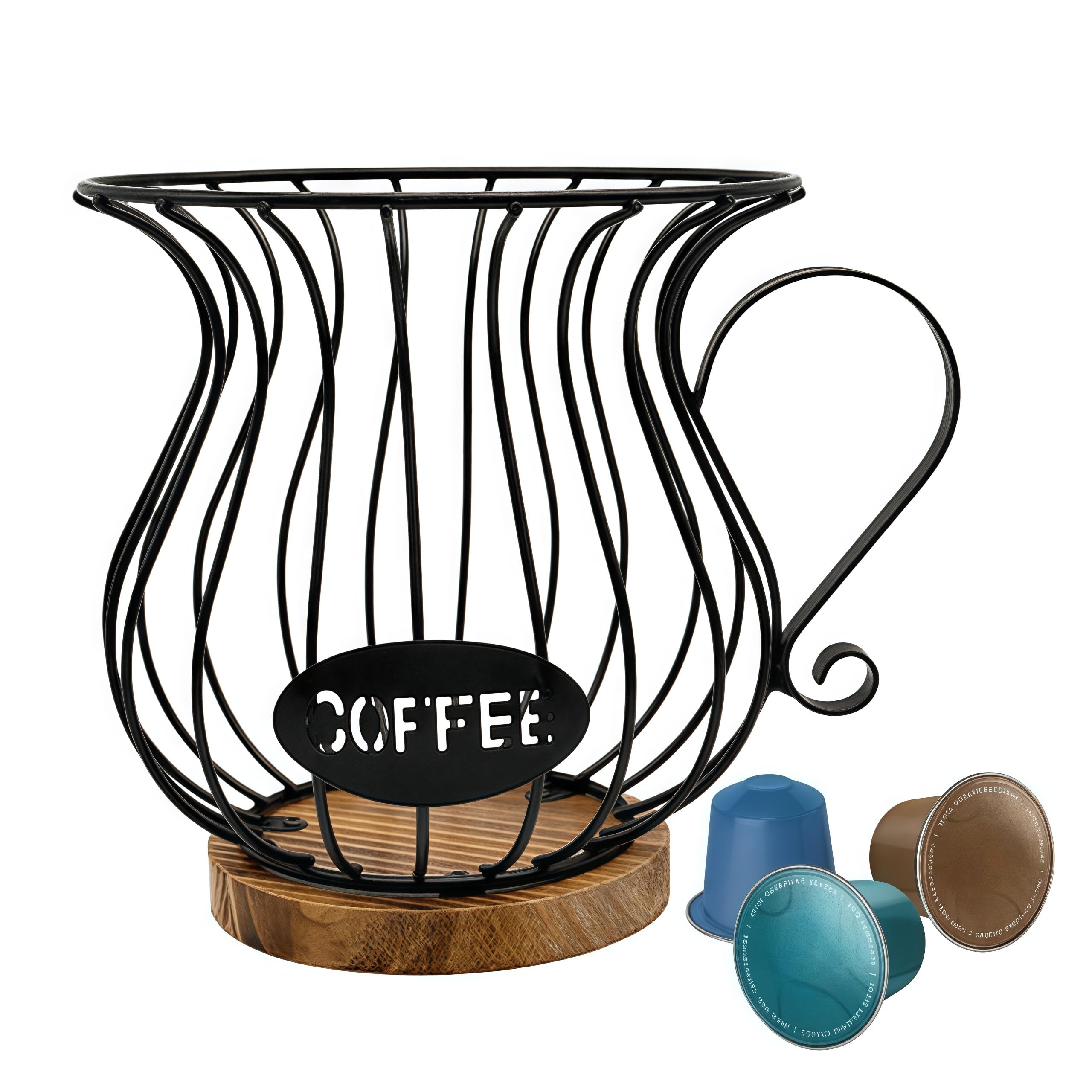Coffee Pod Holders for Counter, Large Capacity K Cup Holder and Espresso Pod Holder, Coffee Bar Accessories, Wire Kup Storage with Wooden Base, for Coffee Station for espresso Pods & Capsules，Fruit Sn