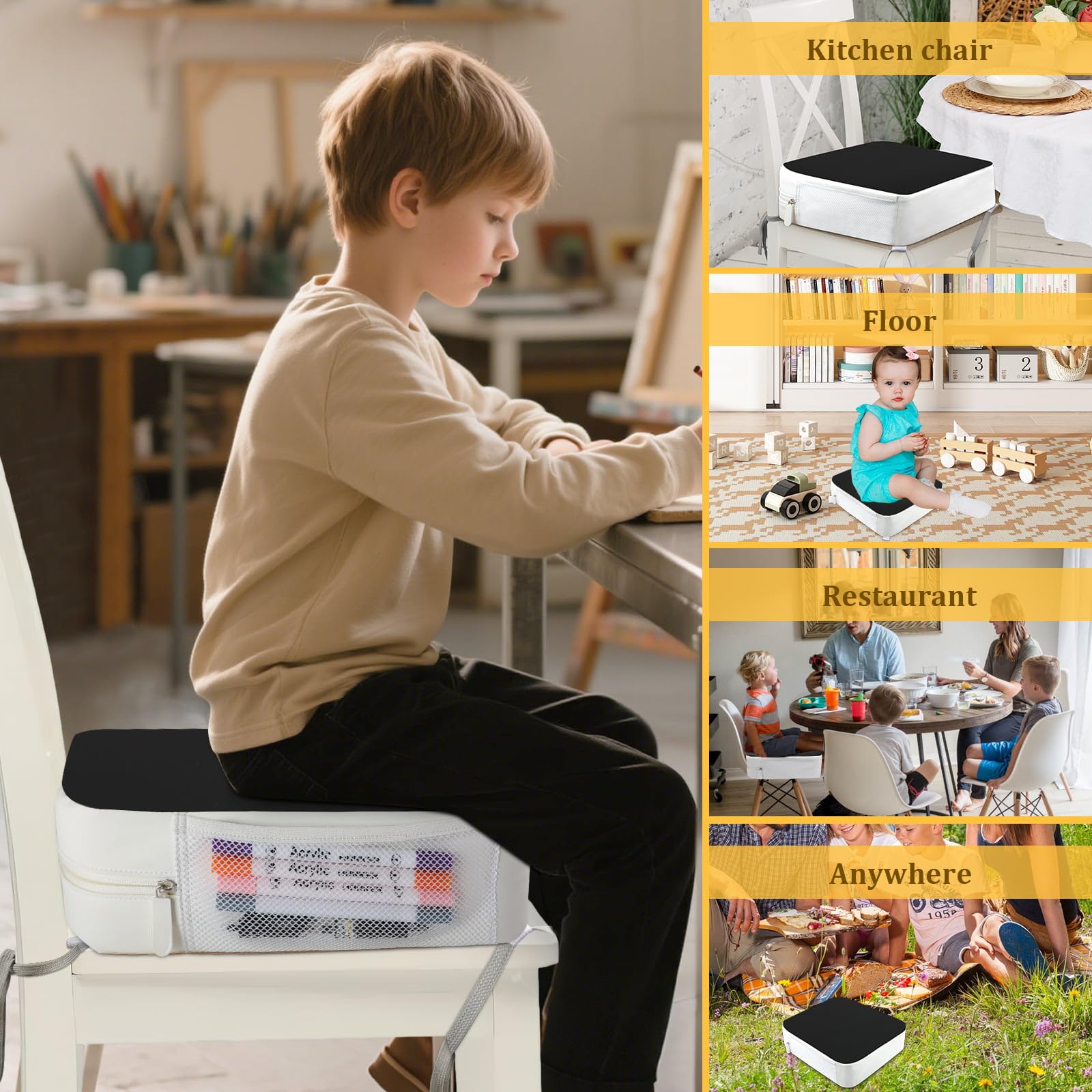 Sitzerhöhung Stühle Kind für Den Tisch - 4 Punkt Verankerung 9,6 cm Erhöhung für Kleinkinder am Esstisch mit Seitentaschen Rutschfeste & Tragbare Sitzkissen für Kinder (Schwarz)
