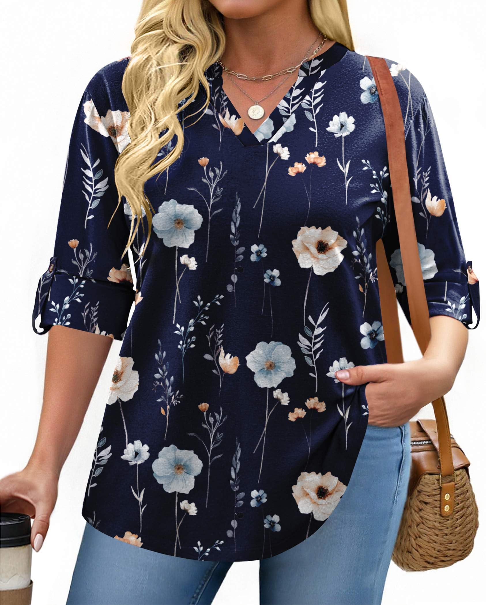 IN'VOLAND Womens Plus Size Long Sleeve Tops V Neck Plaid Roll Up Shirts Basic Casual Work Blouses