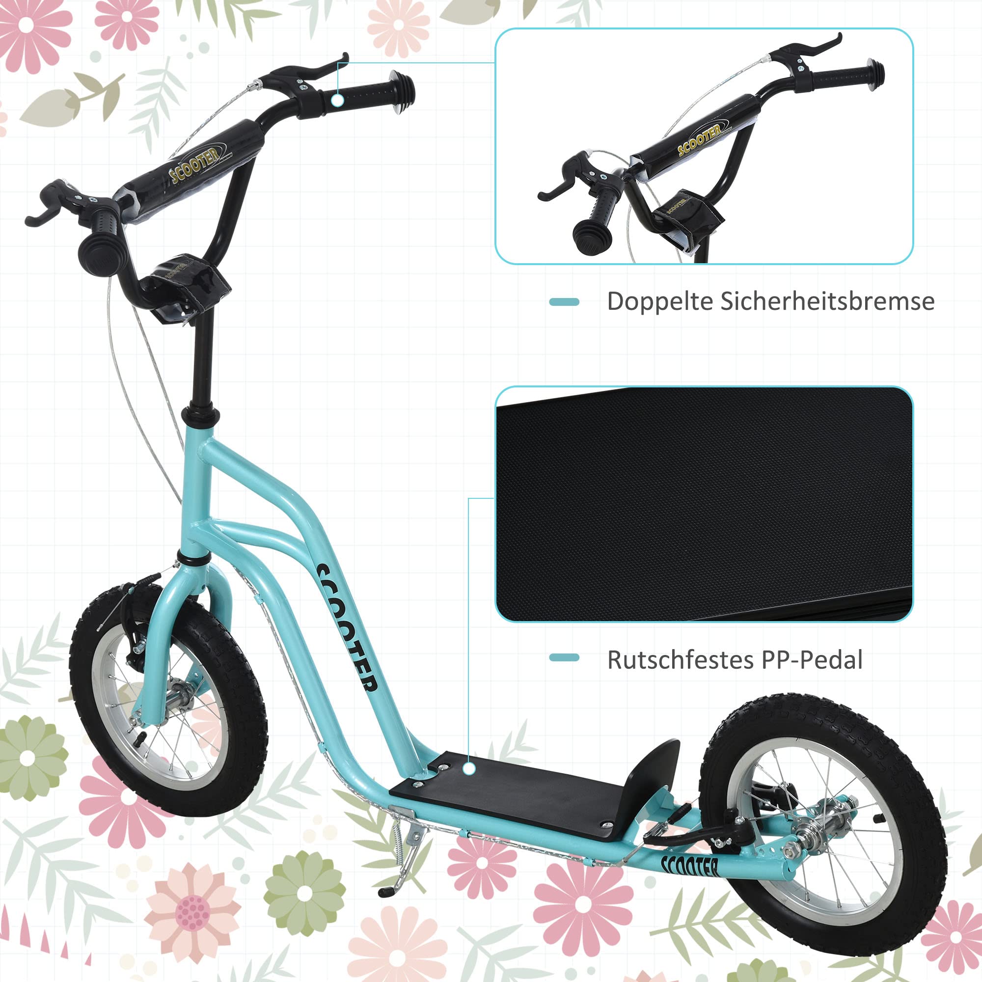 HOMCOM Kinderroller Lenker Verstellbar Scooter Tretroller Cityroller Kinder Roller Kickboard mit Luftreifen 12 Zoll ab 5 Jahre 120 x 58 x 75-80 cm