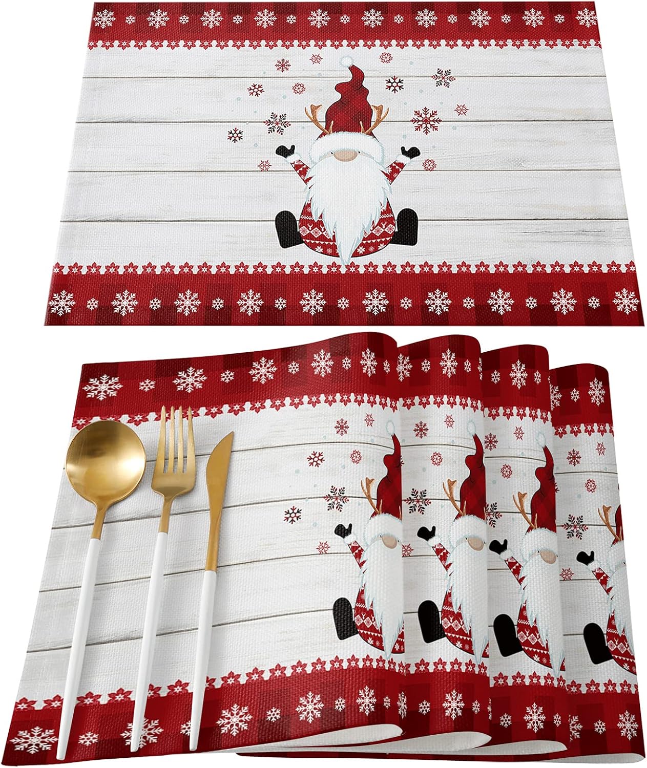 Christmas Placemats Set of 6 Gnome Santa Claus Placemats for Dining Table Cotton Linen Tablemats For Winter Christmas Holidays Table Deoration Wood Grain Red Buffalo Plaid Non-Slip Table Mats, 12x18