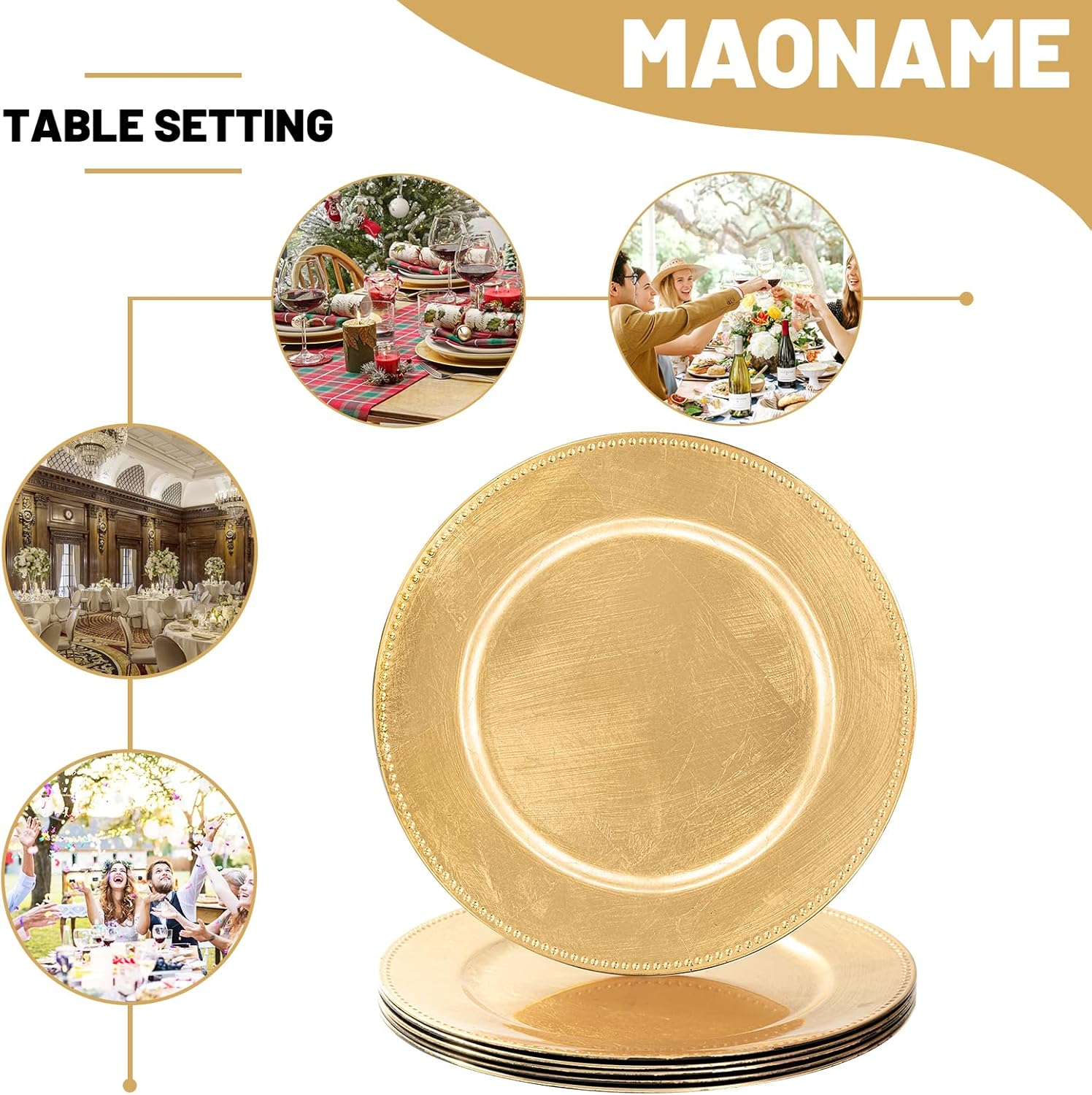 MAONAME Foil Gold Charger Plates with Beaded, 13" Plate Chargers for Dinner Plate, Plastic Round Chargers for Table Setting, Set of 6