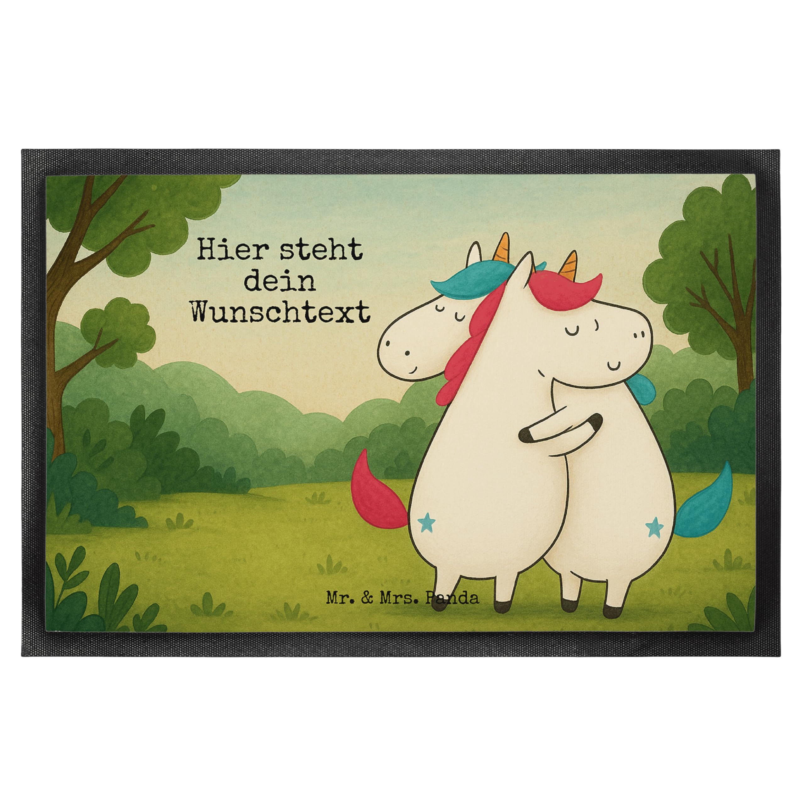 Mr. & Mrs. Panda Fußmatte personalisierbar Einhörner Umarmen Design 80 x 120 cm - Geschenk, BFF, Familie, Personalisierte Fussmatte, Unicorn, Liebe, Freundin, personalisiert, Einhorn, mit Namen