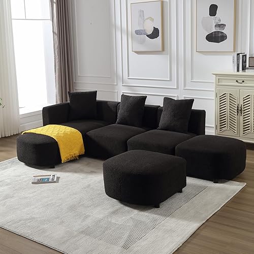 Miniatura 7 de Moderno juego de sofá minimalista en forma de L de tela de peluche con diván, juego de muebles de sala de estar, 113 pulgadas, 5 asientos, cómodos