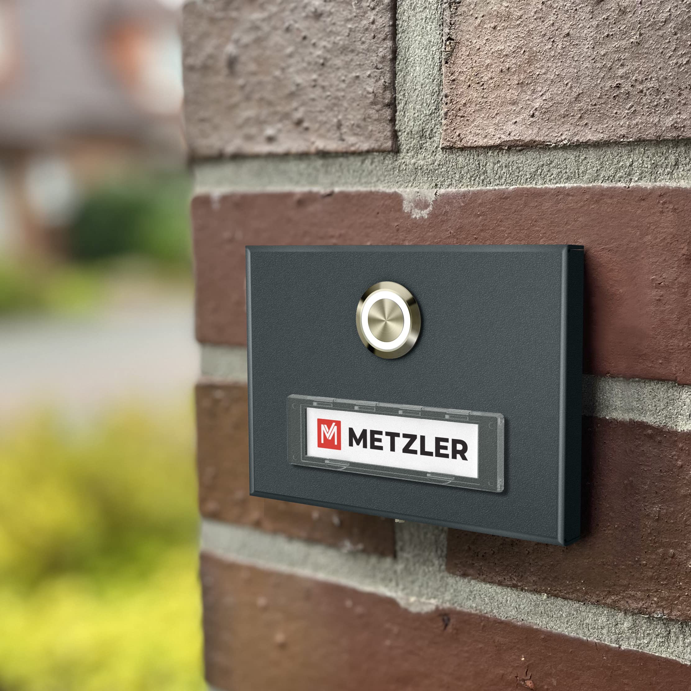 Metzler Aufputz Türklingel in Anthrazit - Klingel aus Edelstahl mit austauschbarem Namensschild - Pulverbeschichtet in Anthrazit RAL 7016 - Namensschild & Klingeltaster mit LED Beleuchtung
