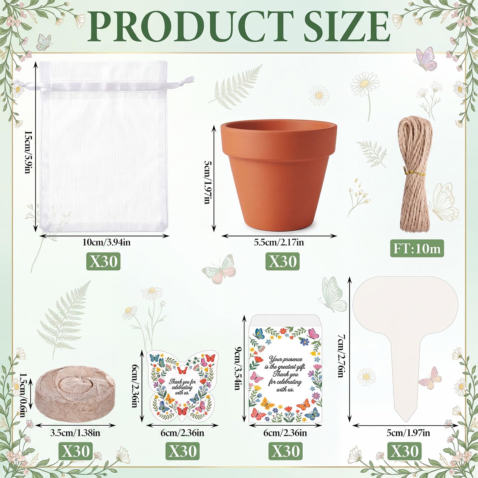Condition photo showing New/Like New for 28 sets thank you party favors for guests terracotta flowerpot seedling soil blocksseed packets organza gift bags thank you cards and plant labels for bridal shower baptism wedding party(butterfly)