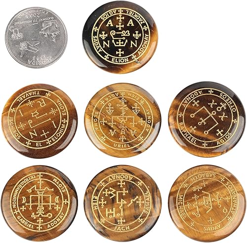 Miniatura 3 de mookaitedecor 7 piedras de ojo de tigre con símbolo de arcángel mágico grabado, piedra de palma pulida para curación de cristal de Reiki, Piedra