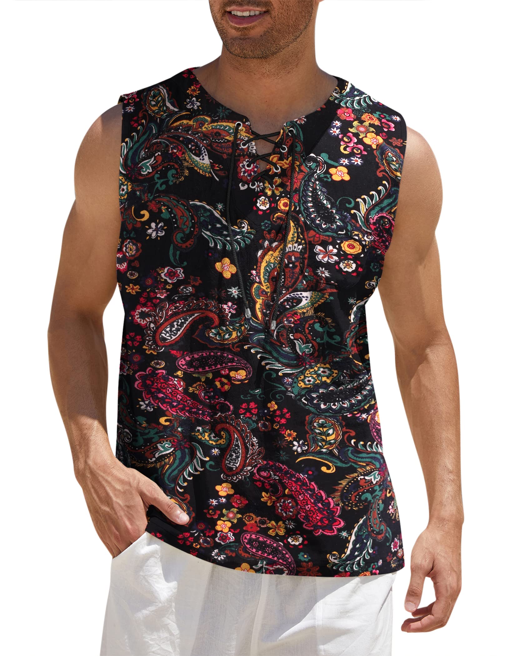 COOFANDYMen's Cotton Linen Tank Top Shirts Casual Sleeveless Lace Up Beach Hippie Tops Bohemian Renaissance Pirate Tunic