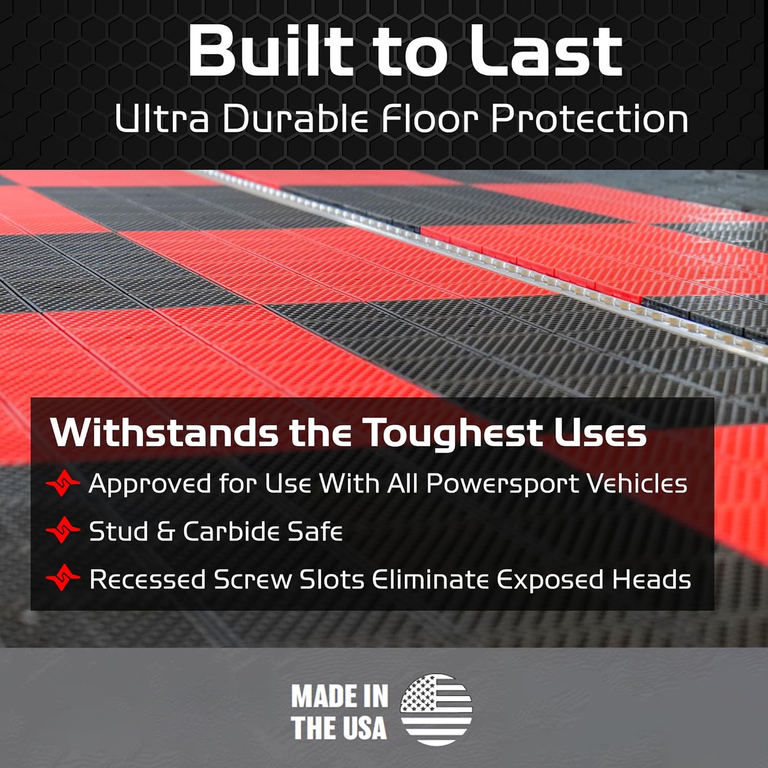 Image showing Caliber ProTech tiles in a black and red checkered pattern, emphasizing their 'Built to Last' durability and features like stud and carbide safety.