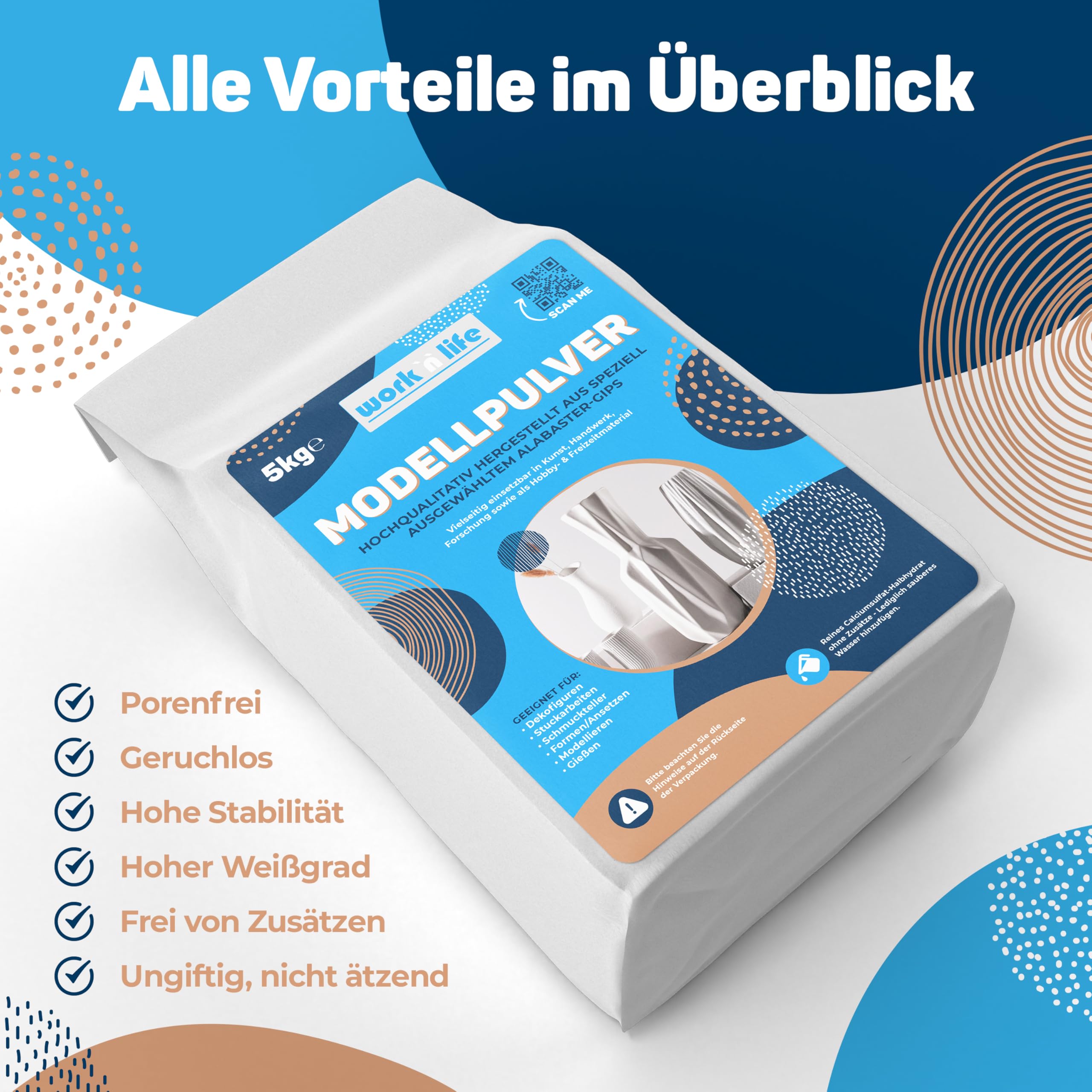 Work'n'life Modellgips aus Alabastergips für Gießen & Modellbau 25 kg | Feiner Modellgips für detailreiche Gussarbeiten mit glatter Oberfläche – einfach anzumischen und vielseitig einsetzbar.