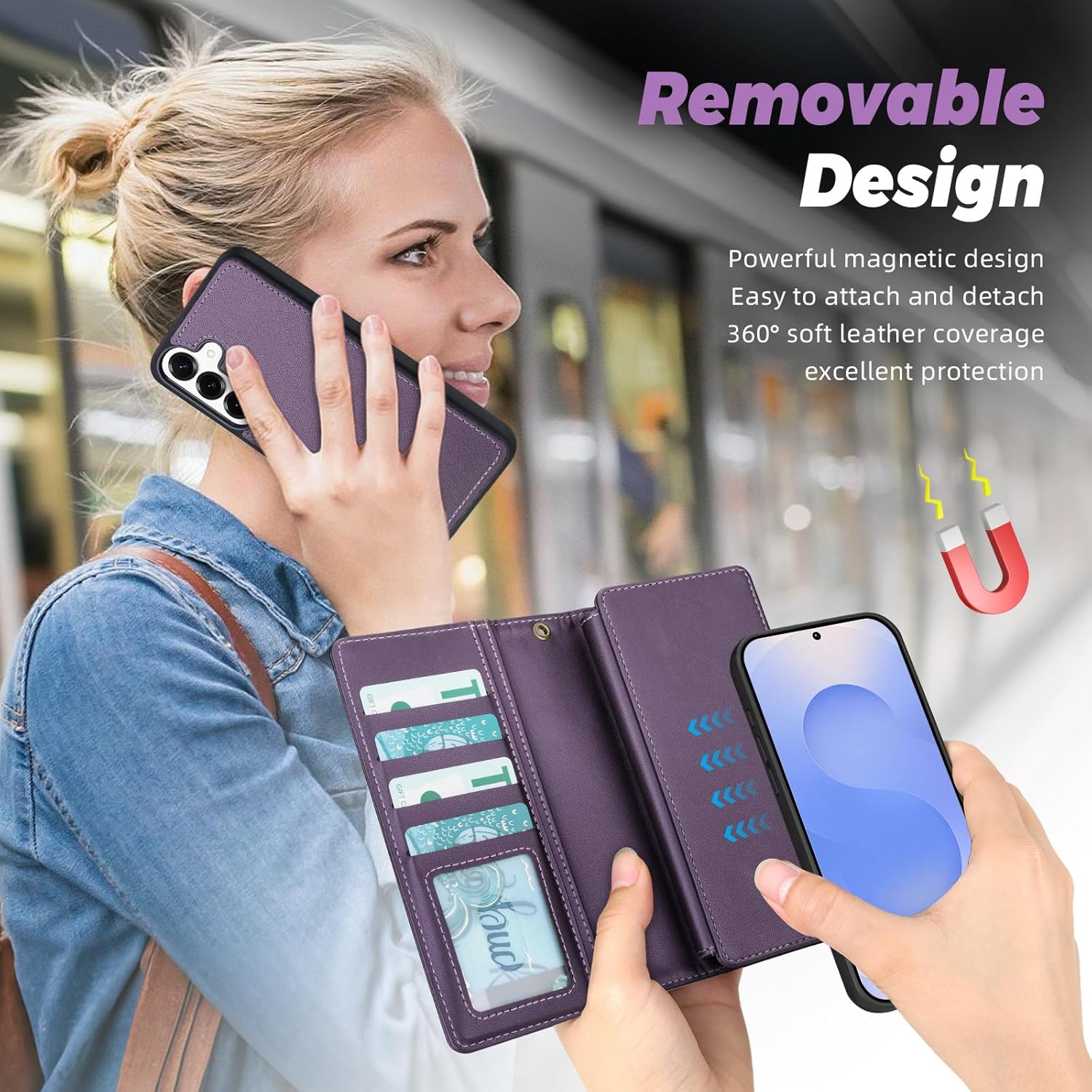 TwoHead for Samsung Galaxy S25 Wallet Case with Card Holder, Detachable Magnetic Phone Case for S25,PU Leather All-Round Protective Phone Case Wallet with Wrist Strap(6.2 in,Deep Purple)