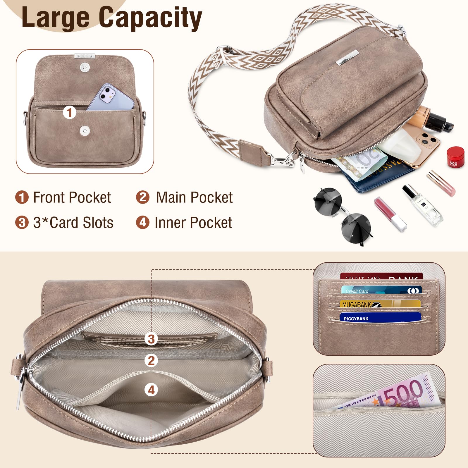 Bolso Mujer Bandolera Mediano Bolso Bandolera Mujer Piel PU Bolso Cruzado De Mujer Con Correa Ancha Ajustable Bolsos Bandolera Para Mujer Damas Compras, Viaje y Trabajo