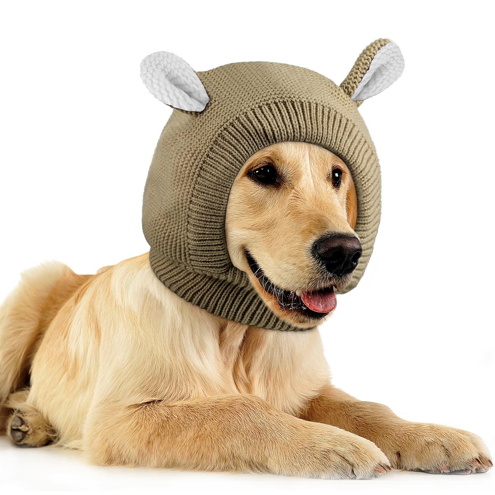 Frienda Quiet Ears for Dogs, Dog Ear Muffs Noise Protection Knitted Pet Ears Snood Head Wrap Hats for Medium to Large Cats Pets (Dark Khaki)