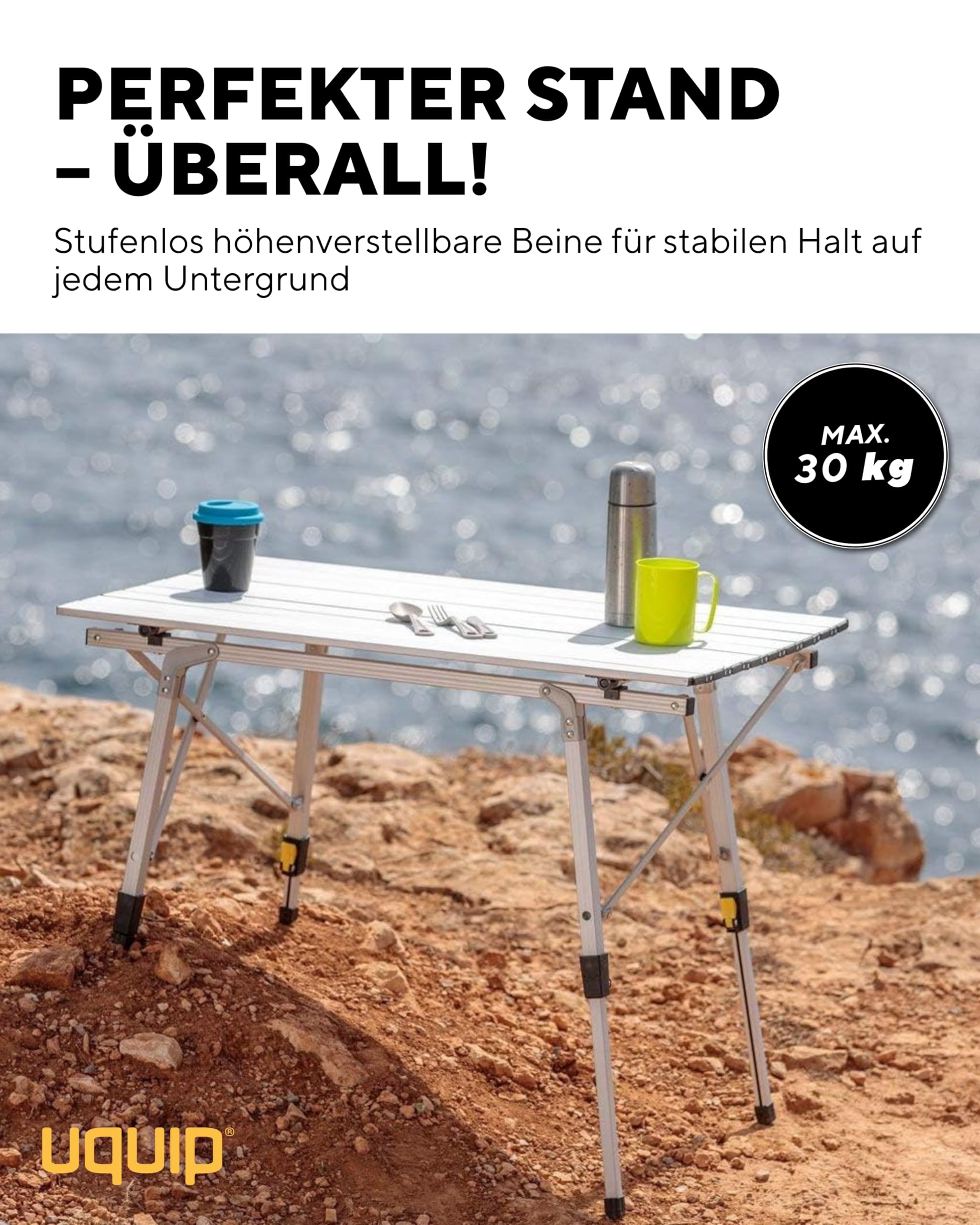Uquip Campingtisch Variety L Silver I 70 x 51 x 120 cm I kompakter Falttisch mit 30 kg Traglast I Stabiler Klapptisch aus Aluminium I tragbarer Outdoor-Tisch für Camping, Picknick, Festivals & Garten