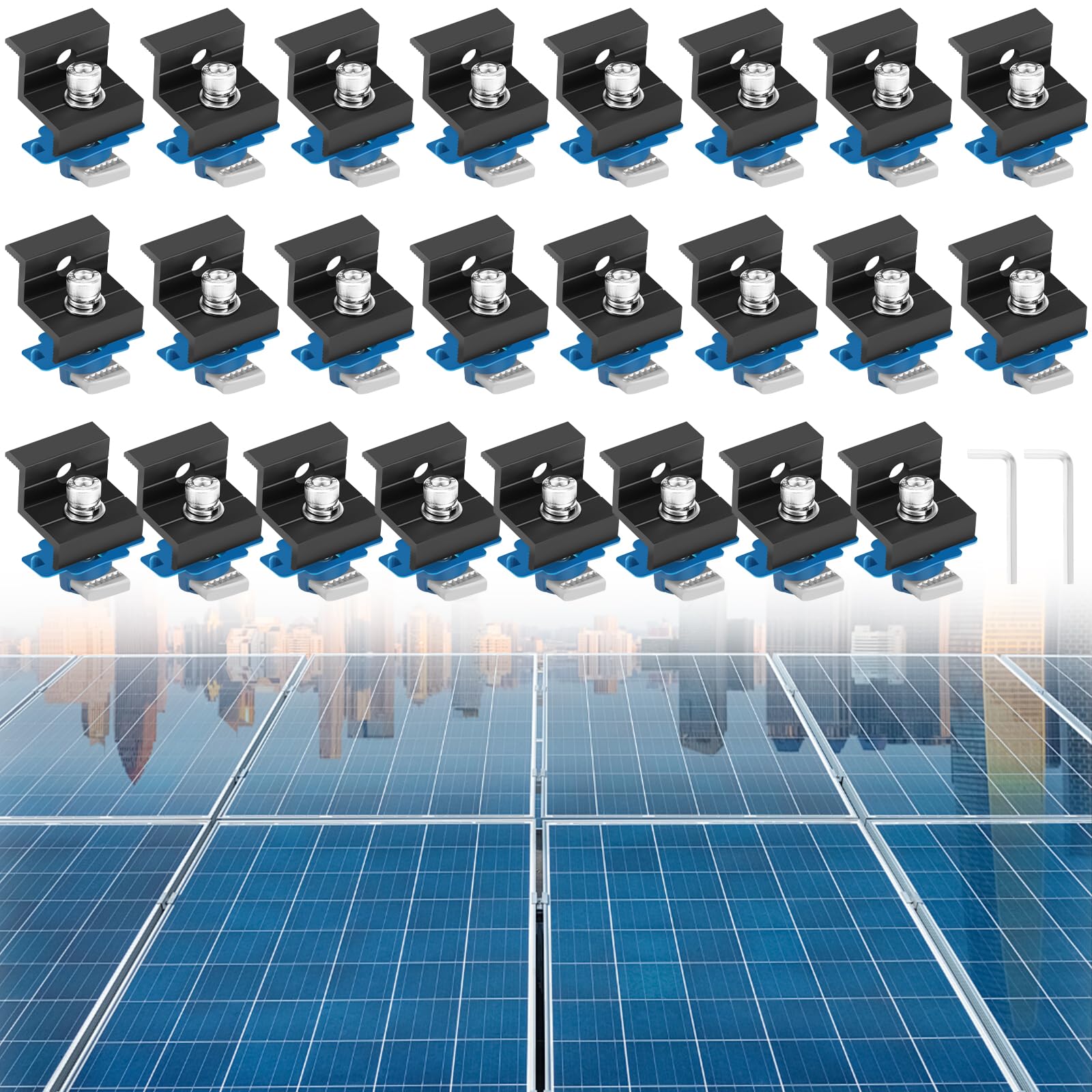 24 zaciski do modułów solarnych, 30 mm, aluminiowe zaciski końcowe modułu PV, konstrukcja z podwójnym otworem, z 2 uchwytami na klucze, mocowanie do panelu słonecznego, mocowania paneli słonecznych do