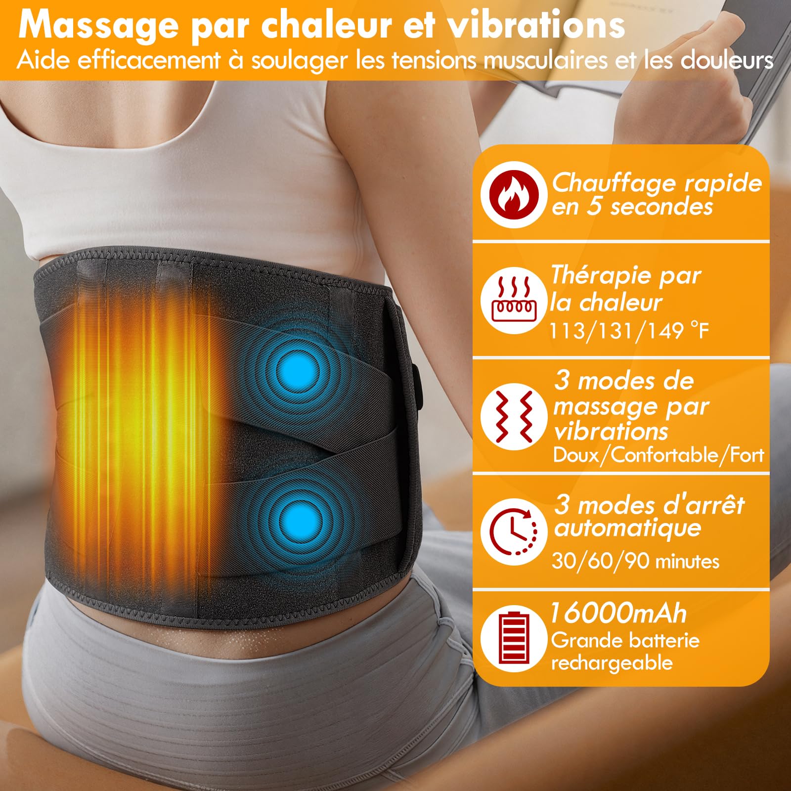 Ceinture Lombaire Chauffante, 16000mAh Batterie Coussin Chauffant Electrique pour La Taille Sans Fil, Ceinture Massante Chauffante avec 3 Modes De Massage et 3 Niveaux de Température,Timer (Gris)