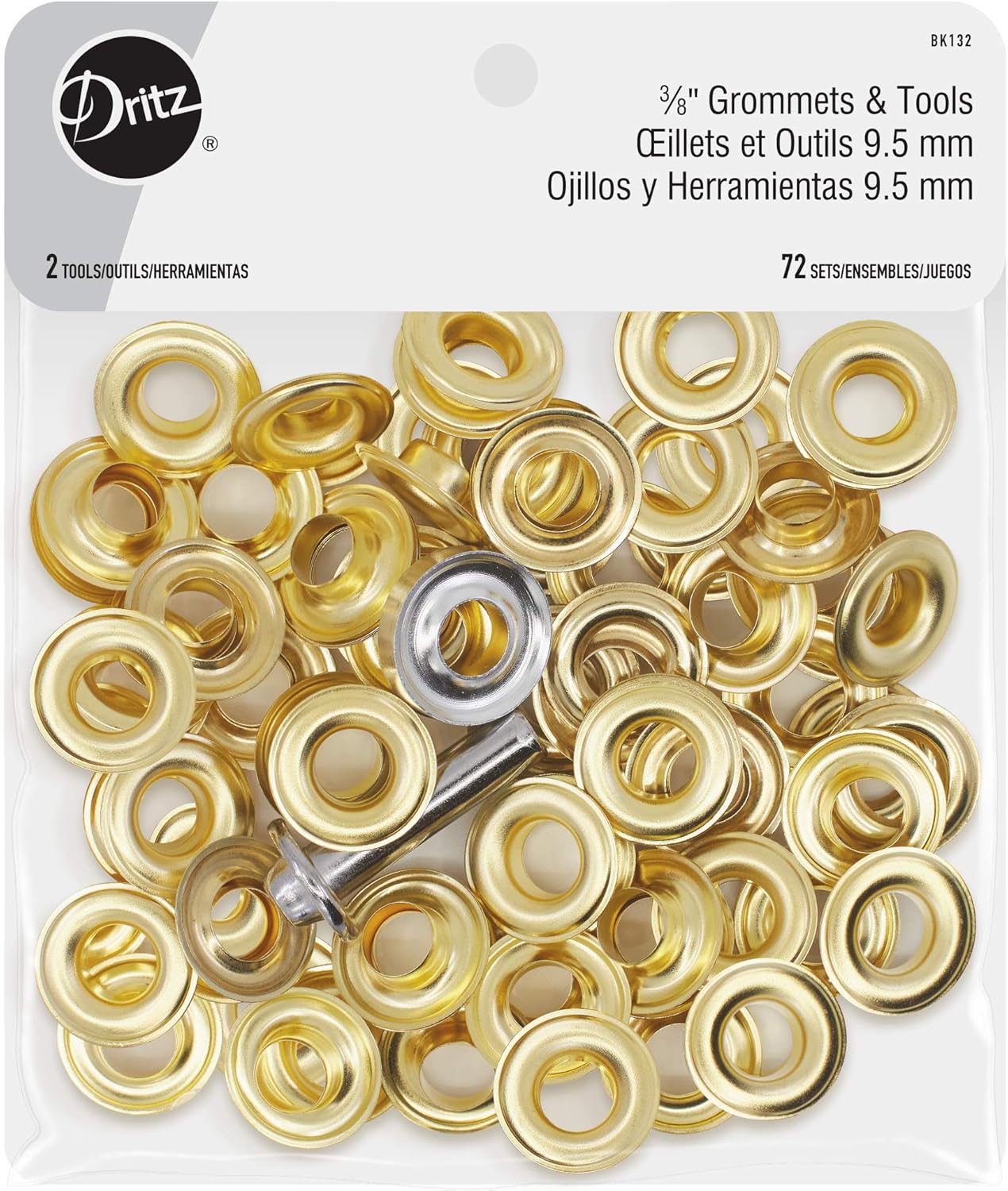 Dritz 3/8" Grommets with Setting Tool – 72 Sets, Gold Finish - Metal Grommet Kit for Fabric, Tents, Curtains & Craft Projects