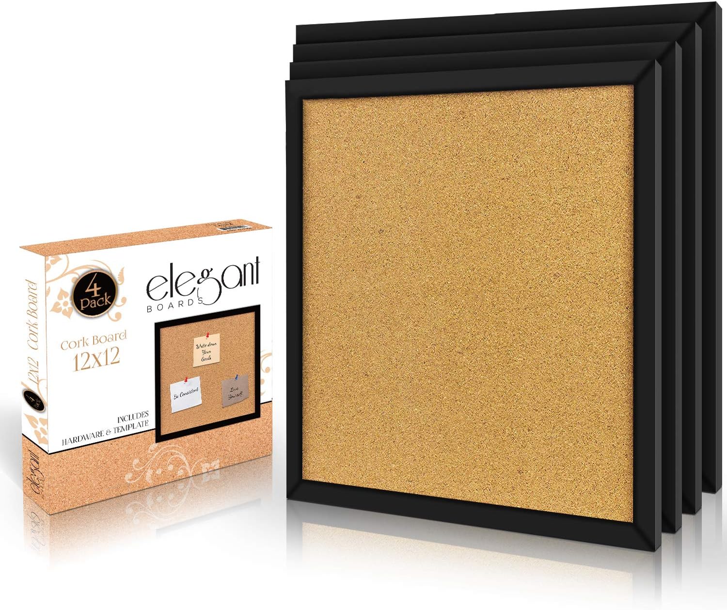 4 Pack Cork Bulletin Board 12"X 12" Square Wall Tiles, Modern Black Framed Boards for Home and Office (Hardware and Template Included)