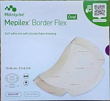 Mepilex Mölnlycke Border Flex Oval Flexible Dressings, 13 x 16 cm, Abdominal Positioning, Safetac Technology, Pack of 5, REF583300