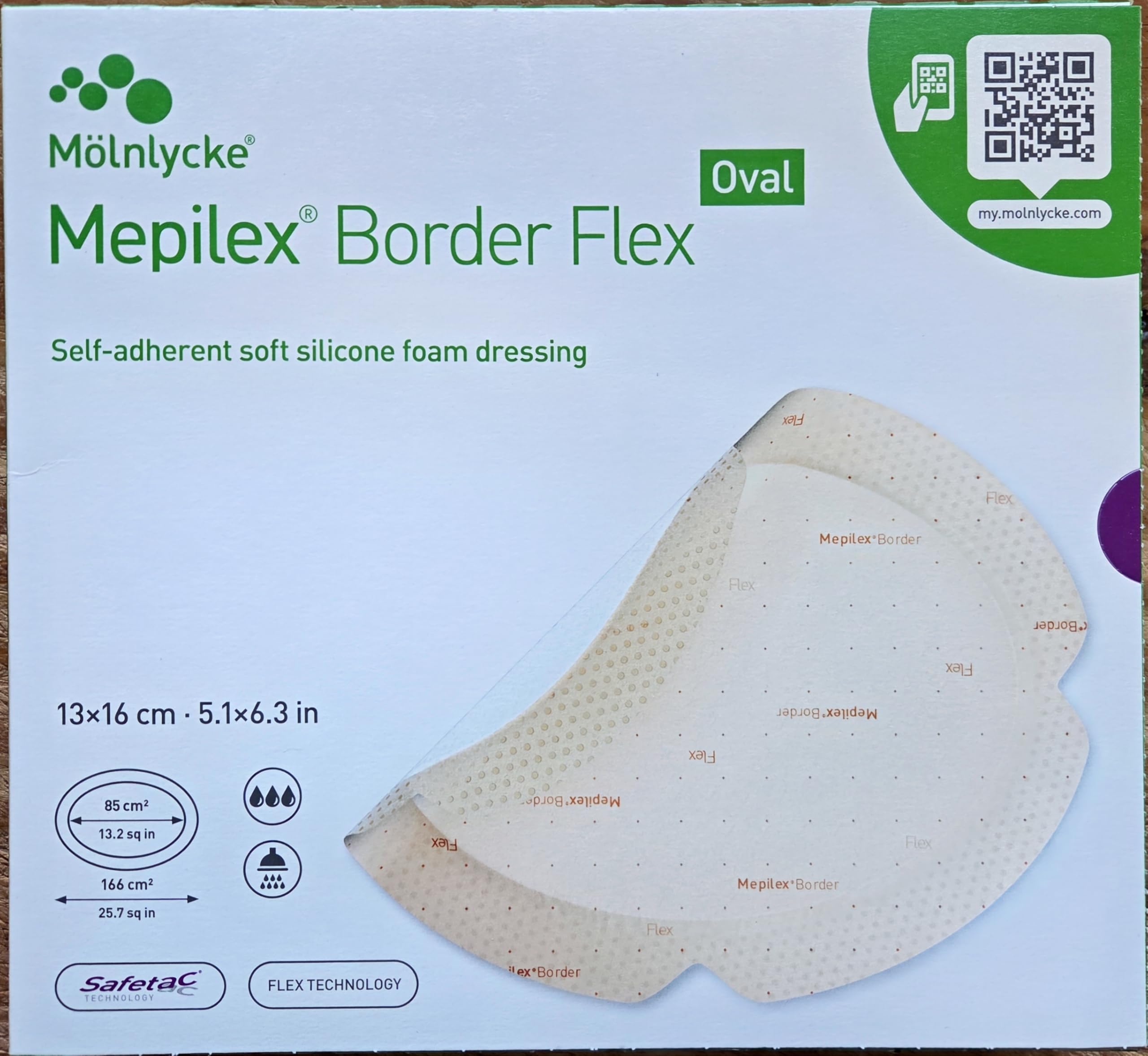 Mepilex Mölnlycke Border Flex compresse ovali flessibili, 13 x 16 cm, deposizione addominale, tecnologia Safetac, 5 pezzi, REF583300