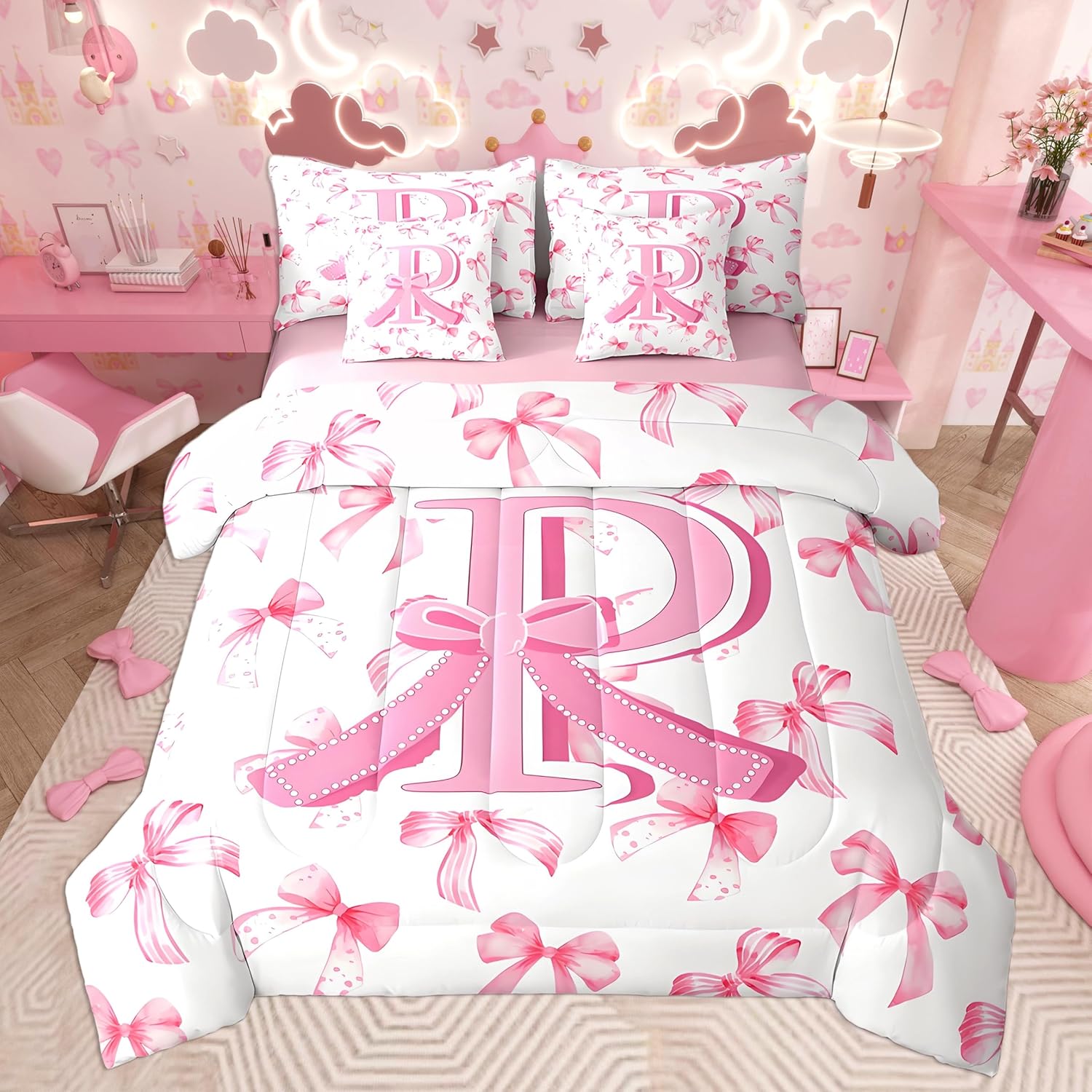 jejeloiu Kids Girls Cute Pink Bow Comforter Set with Sheets Full Size Monogrammed 7 Piece Bedding Set Personalized Initial K Bed in a Bag with Comforter,Sheets,Pillowcases Coquette Bow Modern Fashion