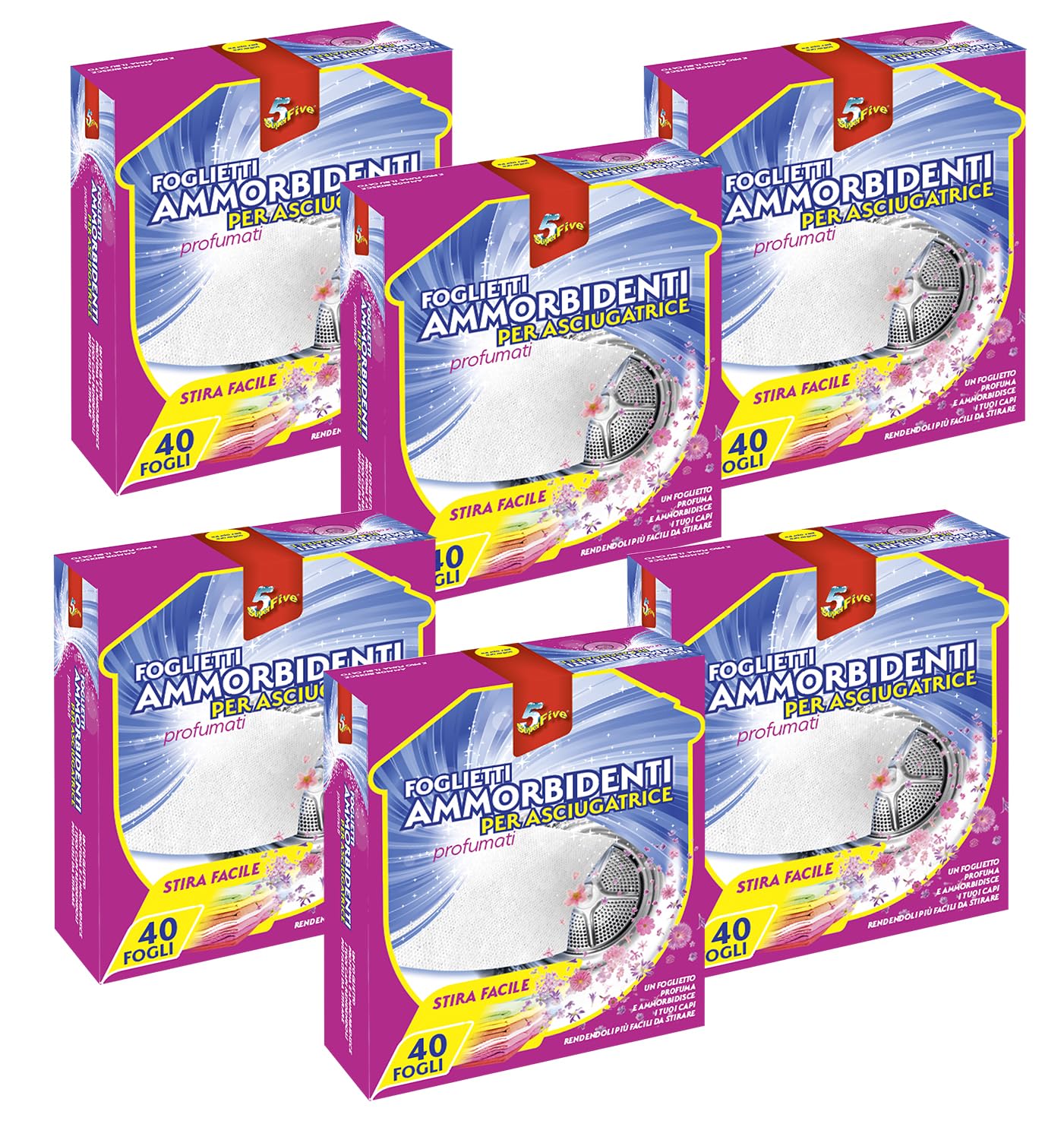 SUPERFIVE, Foglietti Ammorbidenti per Asciugatrice, Profumati e Antistatici, Capi Morbidi, Stiratura Facile (40 pezzi x 6 pack)
