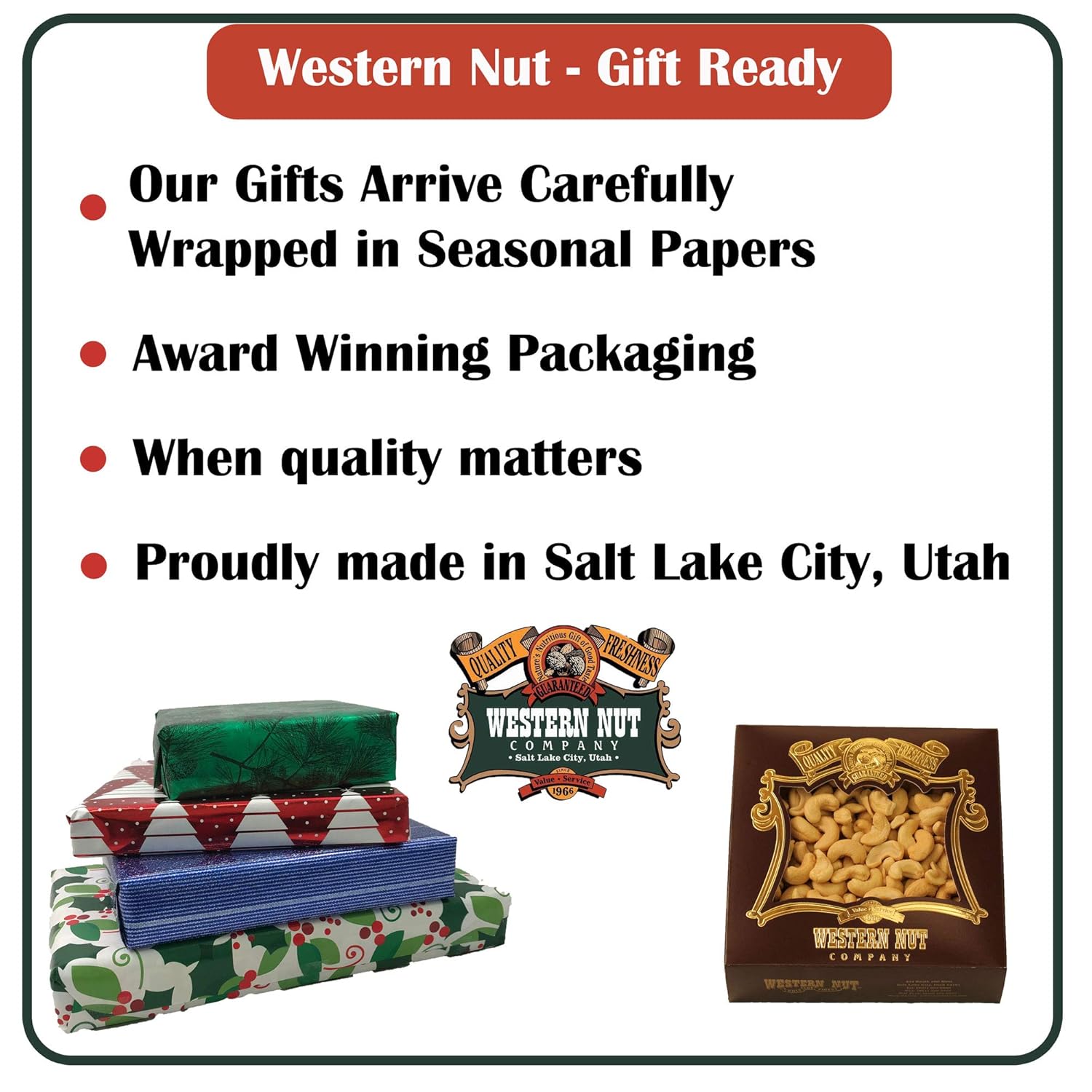 Western Nut Heritage Gift Box, Gift Wrapped Roasted & Salted Whole Cashews, 1 lb