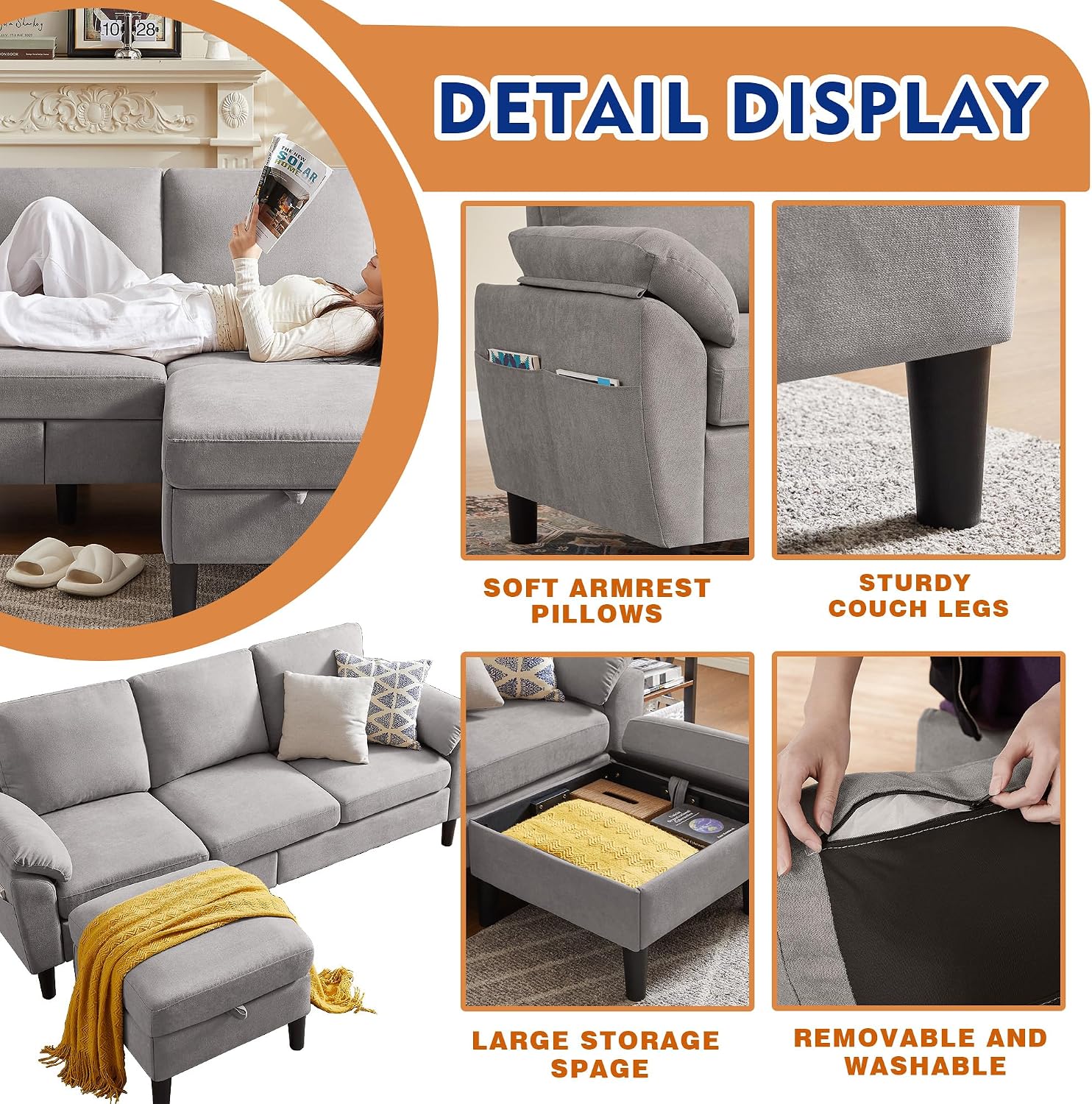 4-Piece Convertible Sectional Sofa Set Light Grey Modern Linen L-Shaped Couch with Reversible Chaise