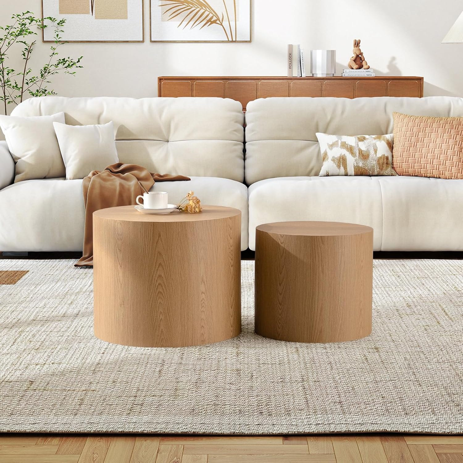Round Nesting Coffee Table Set of 2, Modern Handcraft Wood Fluted Drum Circle Side Table Small Minimalist Unique Tea End Table for Living Room, No Assembly Required, 18.11"&14.57", Natural Wood