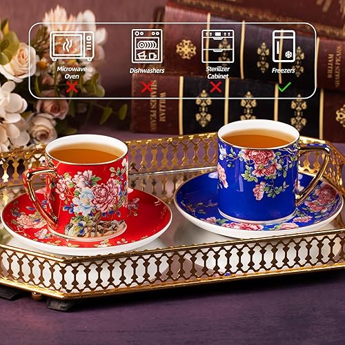 Miniatura 6 de KAMMAK Juego de 2 tazas de té y platillos, tazas de café de porcelana con platillo para espresso, capuchino, taza de cerámica vintage de 7.5 onzas