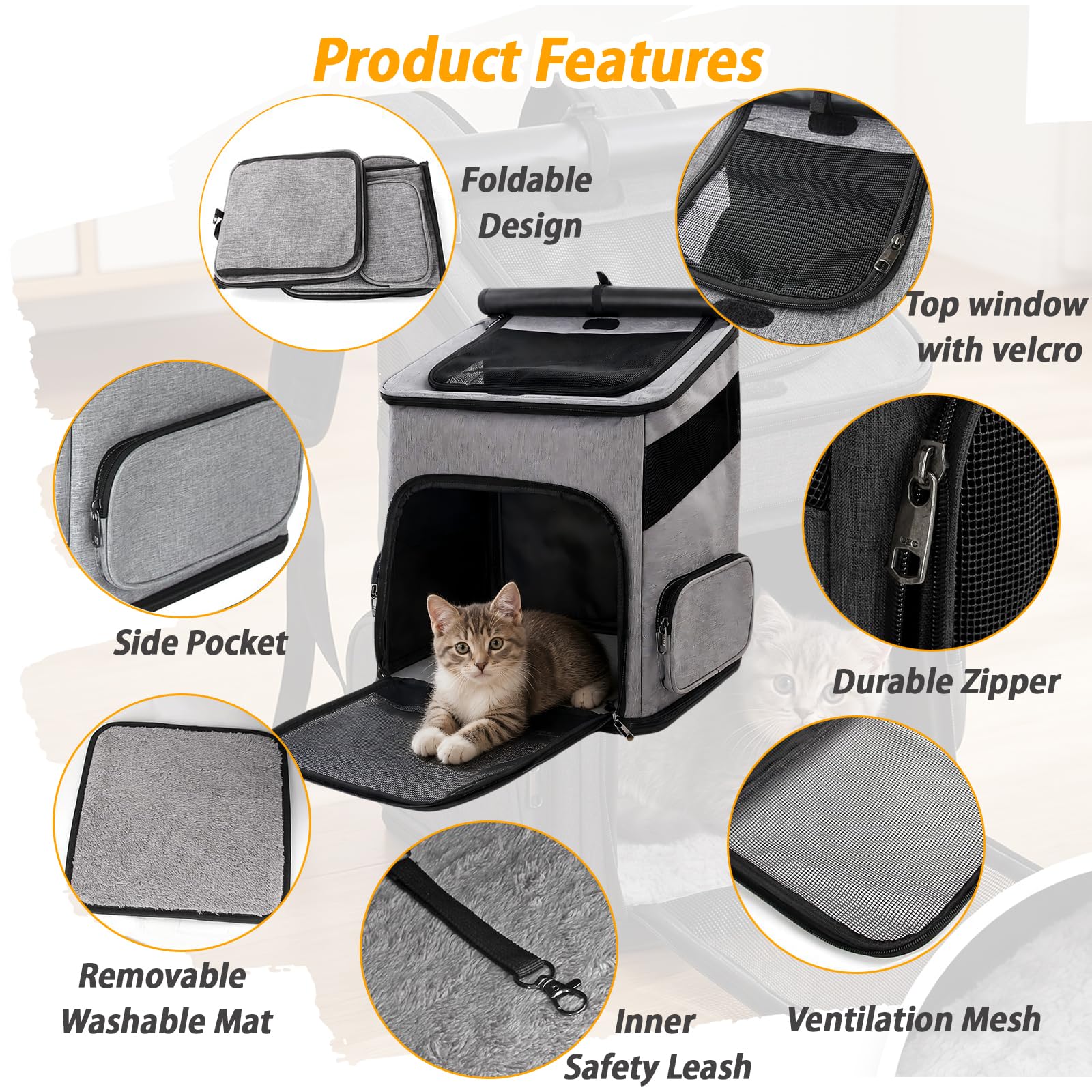 Katzenrucksack, Faltbarer Haustier-Tragerucksack für Katzen und kleine Hunde, Hunderucksack mit belüftetem Design Innensicherheitsgurt, Welpentragetasche für Wandern, Reisen, Outdoor (Grau, M)