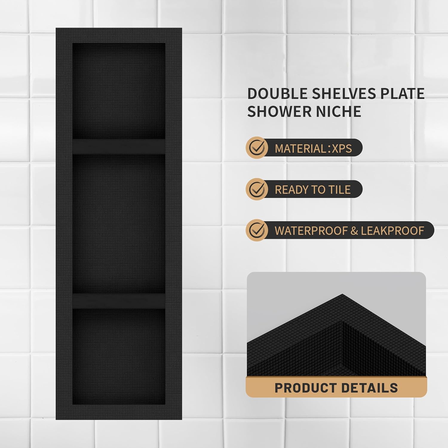 XPS Shower Niche Insert Tile Ready 16" x 50", 3 Shelves Wall Niche Recessed, Black
