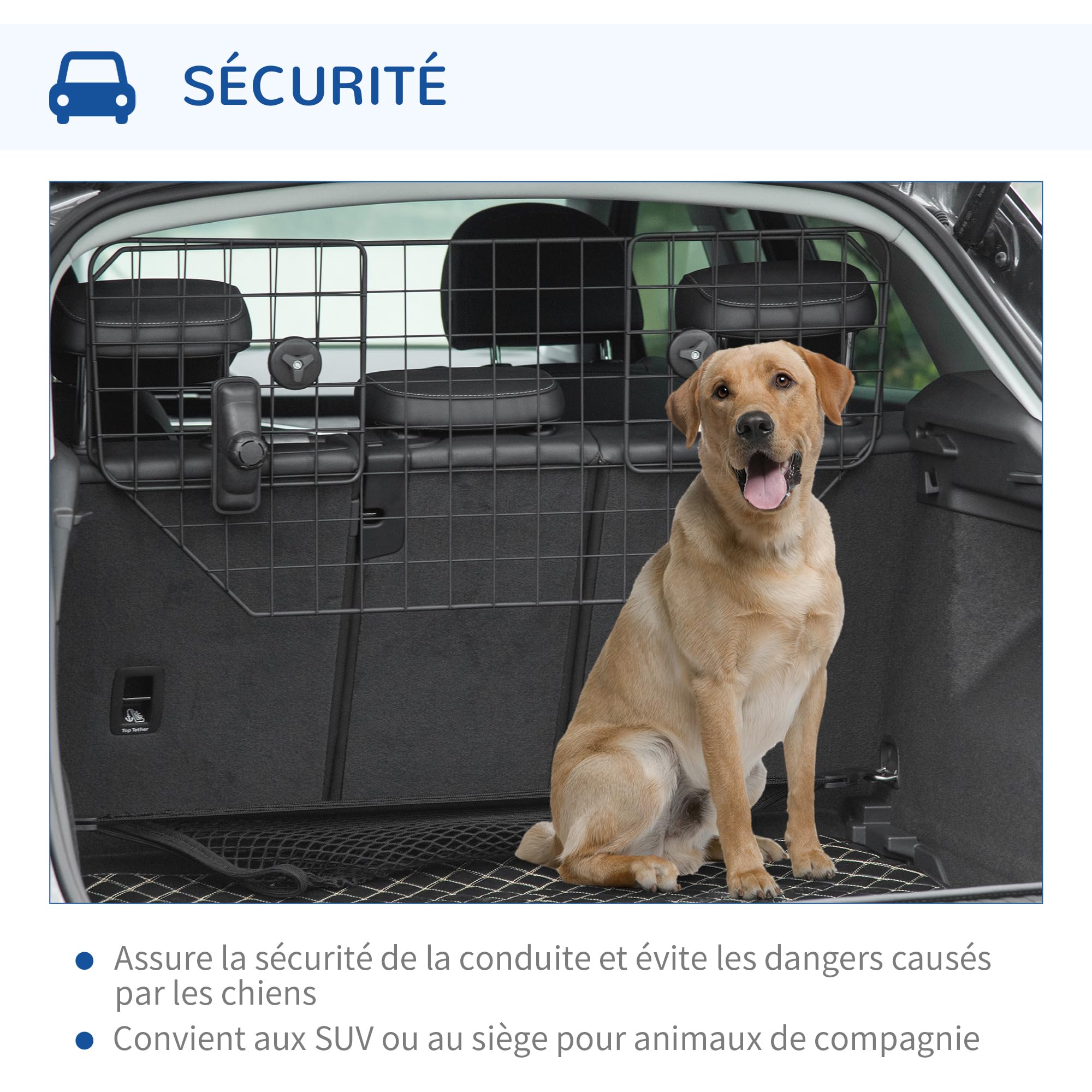 PawHut Grille de Protection Universelle pour Chien, barrière de sécurité de Voiture pour Chiens Largeur Ajustable 90 à 120 cm Facile à Installer sur la Plupart des Voitures SUV, Noir