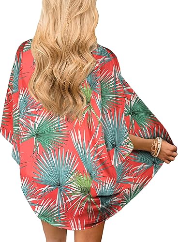 Miniatura 2 de Chunoy Cárdigan estilo kimono de gasa para mujer, ligero, con estampado floral, holgado, de manga corta, salida de baño, blusa para la playa