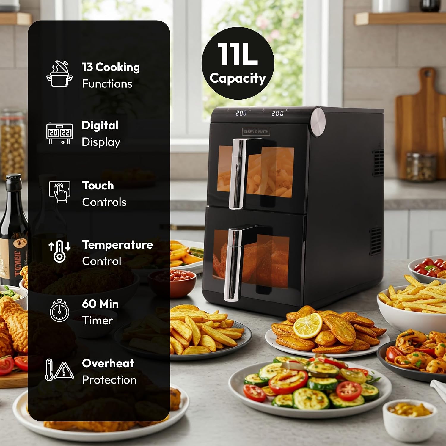 Olsen & Smith 11L Vertical Dual Stack Air Fryer with Two 5.5L Baskets, Compact Space-Saving Design, Viewing Windows, Digital Display, Touch Controls, Dual Cook Functions, 13... - Image 5