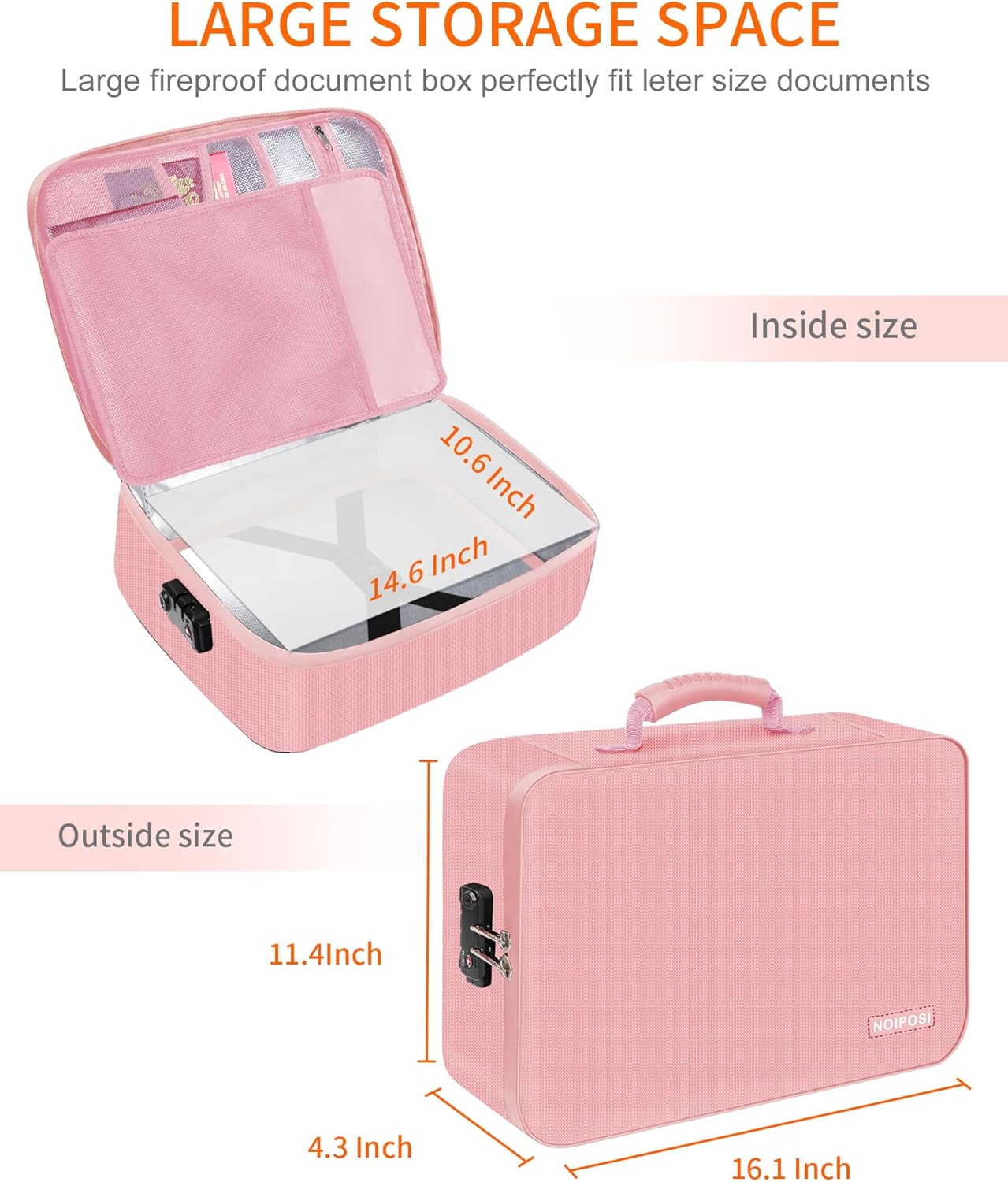 Noiposi Document Organizer with 5200℉ Heat Insulated,16.1"x11.4"x4.3" Waterproof and Fireproof Document Box,Portable Home Travel Safe Storage Box for Important Documents and File,Pink