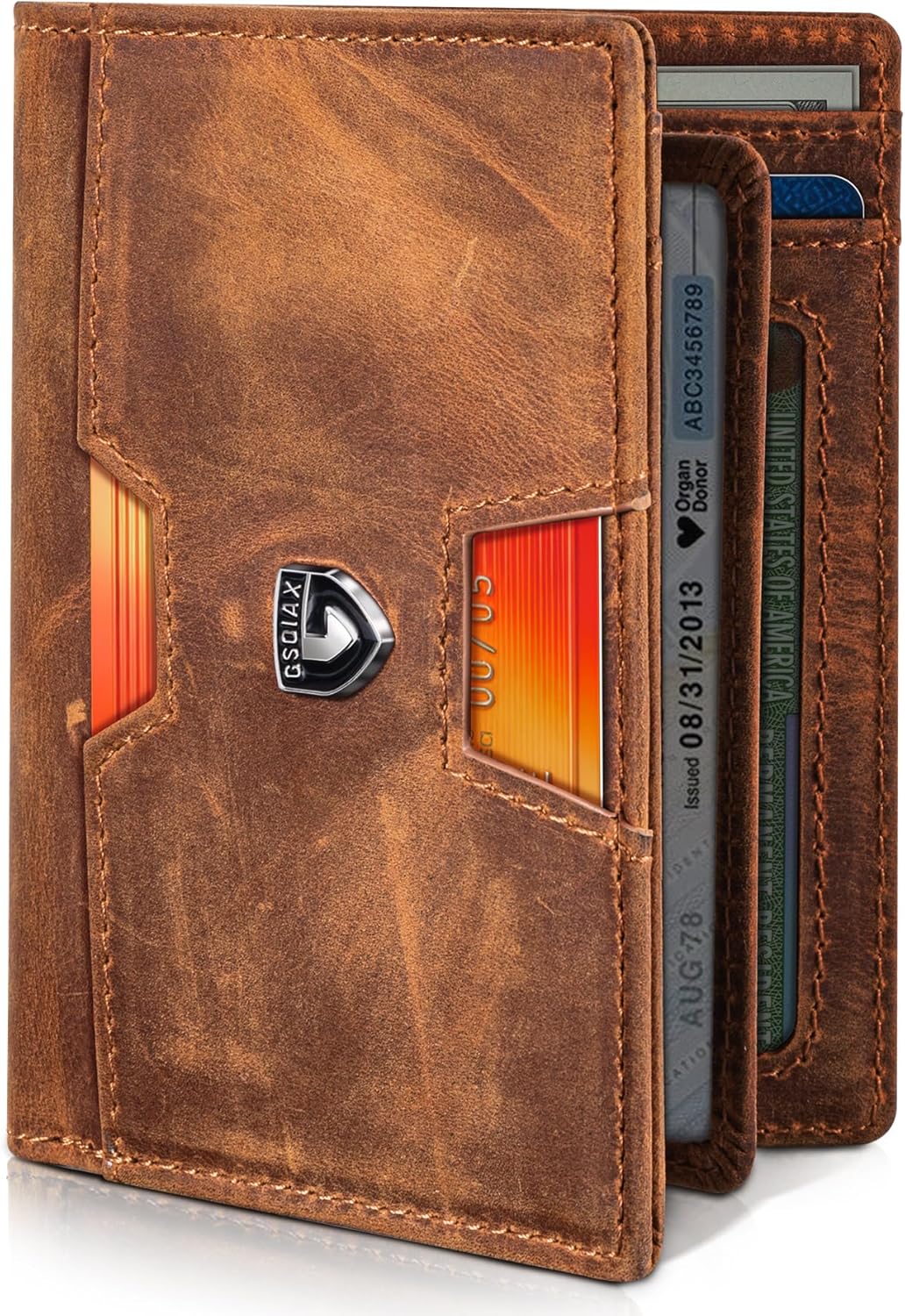 GSOIAX Slim Top Grain Premium Crazy Horse Leather Wallet for Men Bifold Handcrafted Vintage with 13 Card Slots & 1 Bill Compartment - RFID Blocking, Front Pocket Credit Card Holder, Mens Gift (Brown)