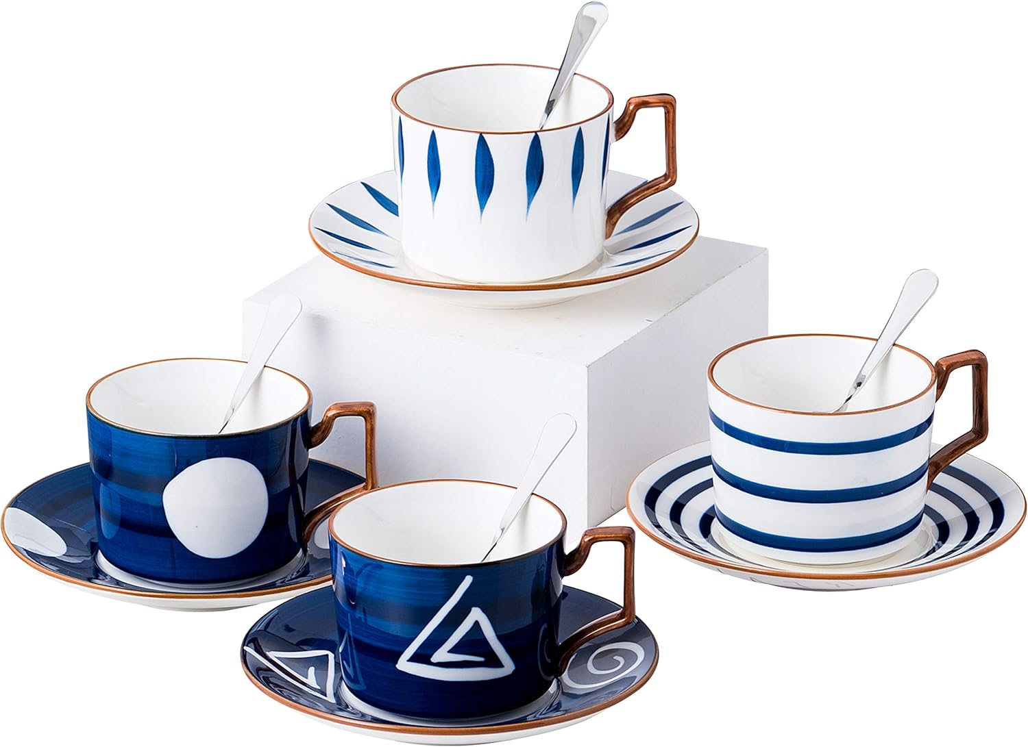 Jusalpha Japanese style hand printed- 7oz Fine China Tea Cup/Coffee Cup With Spoon and Tray/Saucer Set, Tableware, Serve of 4, TCS25