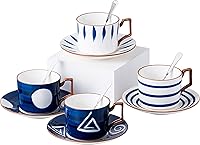 Vista 1 de Jusalpha Japanese style hand printed- 7oz Fine China Tea Cup/Coffee Cup With Spoon and Tray/Saucer Set, Tableware, Serve of 4, TCS25