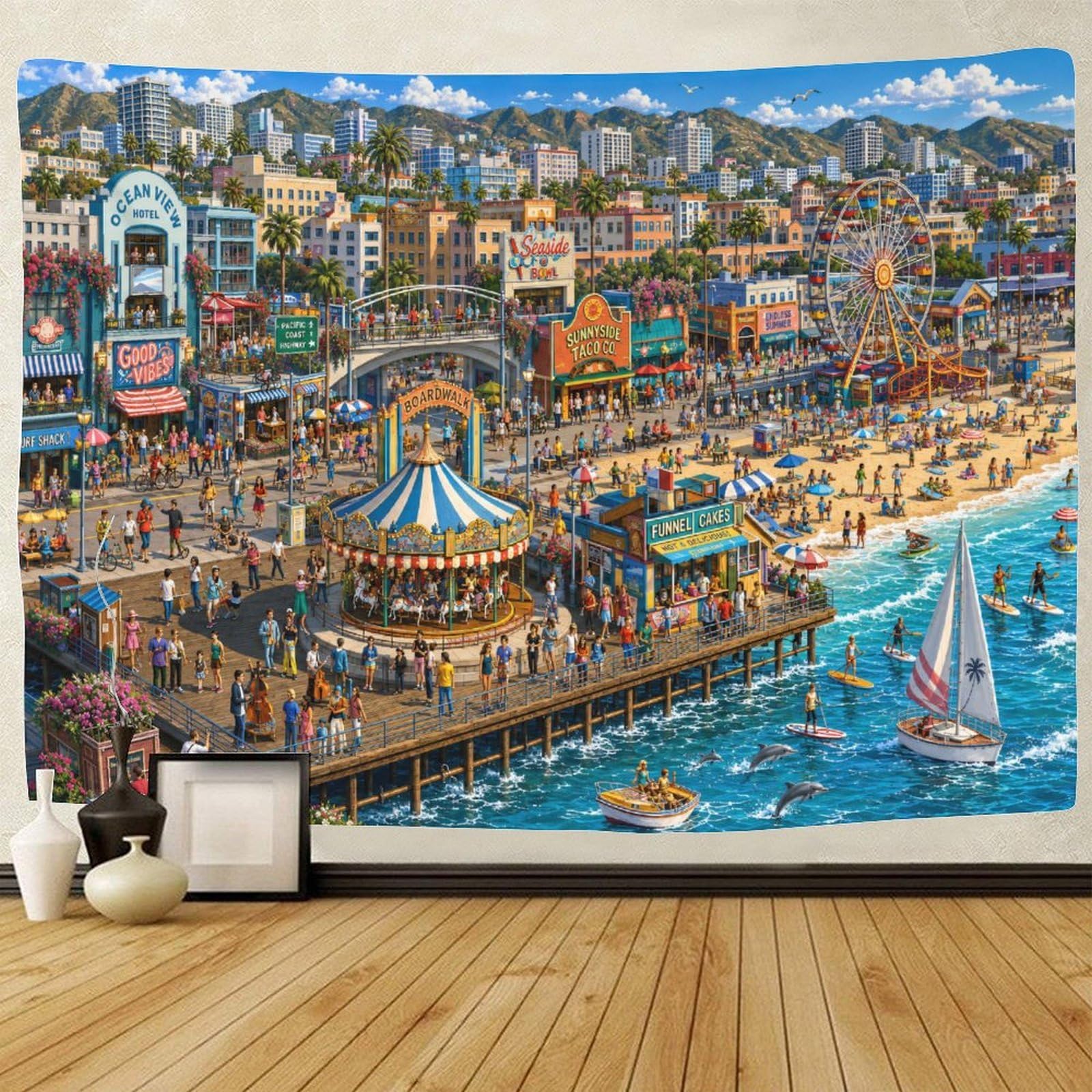 GPMNBCXZK Santa Monica Pier 3D Print Wall Tapestry Wall Hanging Decor California Beach Tapestries Home Decoration Curtain Living Room College Dorm 180cmx230cm