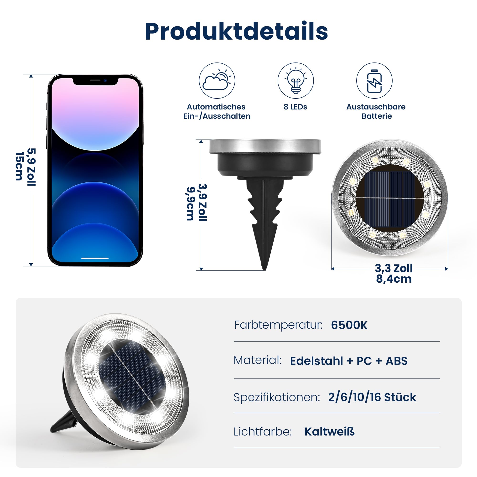Solpex 10 Stück Solar Bodenleuchten Aussen, 8 LEDS Solarlampen für Außen Garten, Wasserdichte Solarleuchten Garten, LED Solar Solarleuchten für Aussen, Hof, Terrasse und Wege(Kaltweiß)
