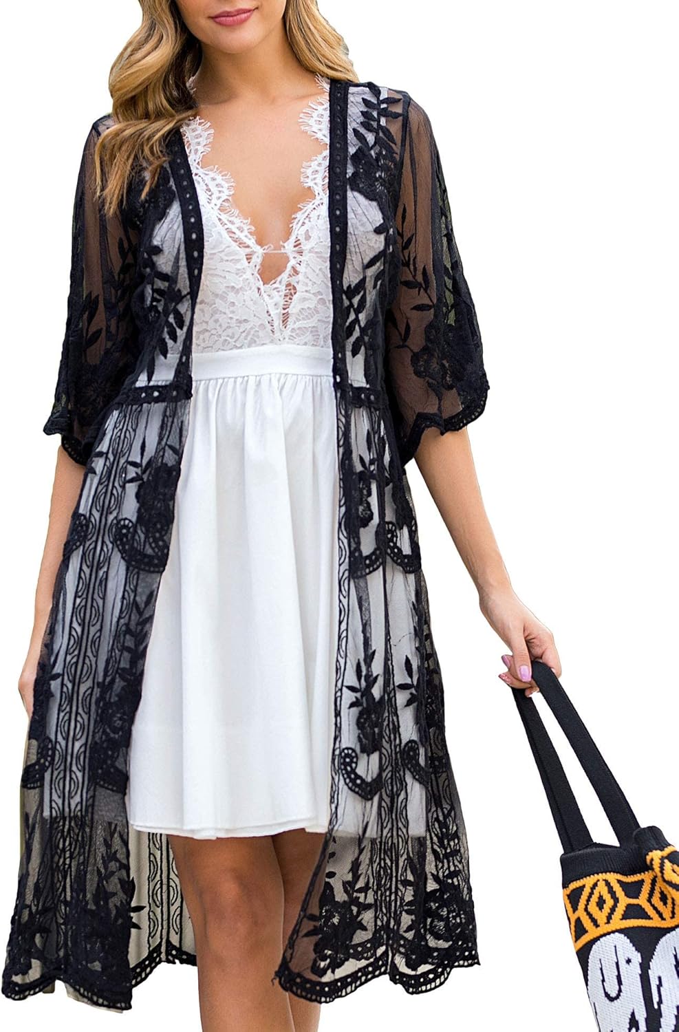 Women's Lace Cardigan Floral Crochet Sheer Beach Cover Ups Long Open Kimono