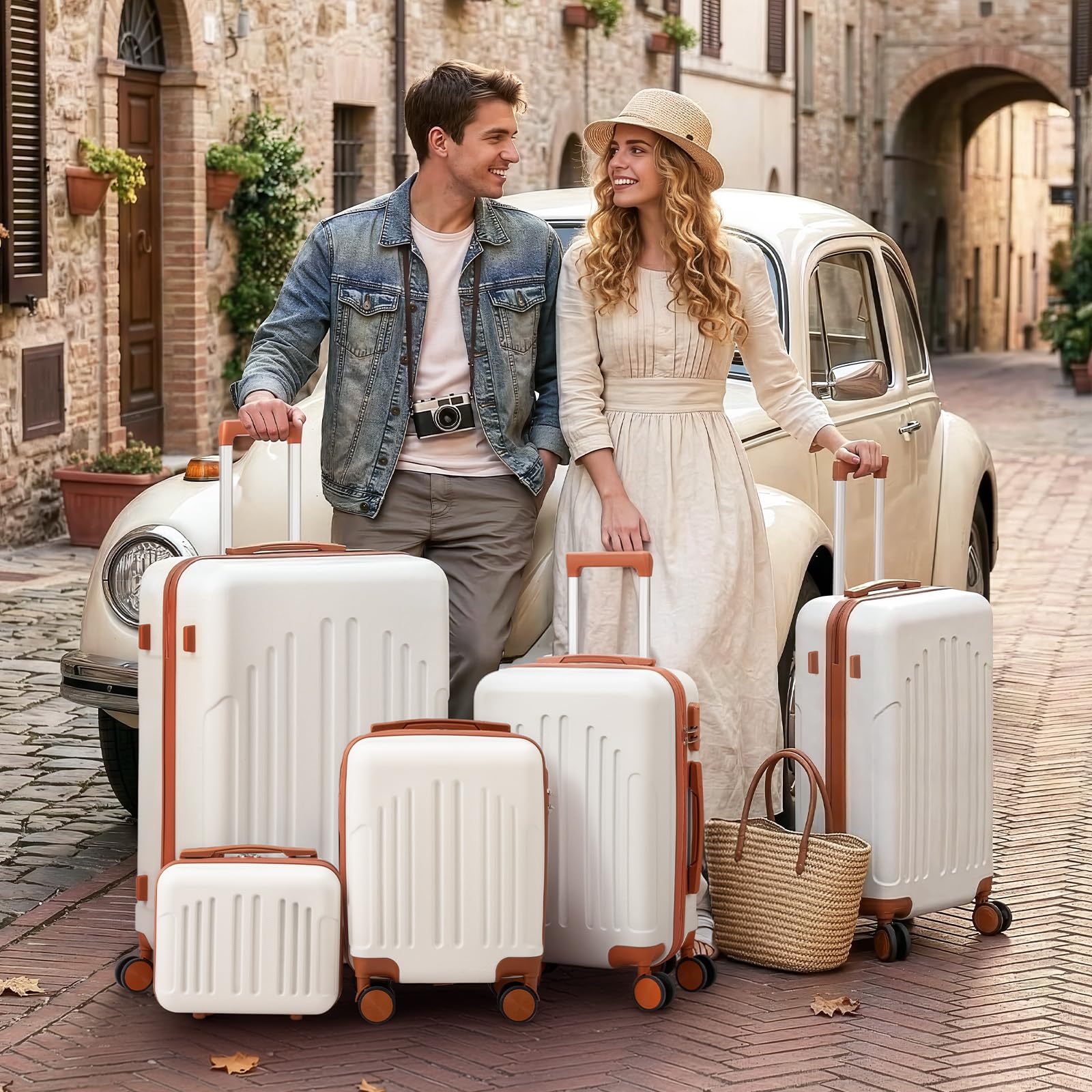 LEADZM Set di Valigie Rigide 5 Pezzi con Beauty Case, Set Valigie in ABS, Luggage Suitcase Grande 23 kg con 4 Ruote Girevoli Doppie (Beige-Marrone)