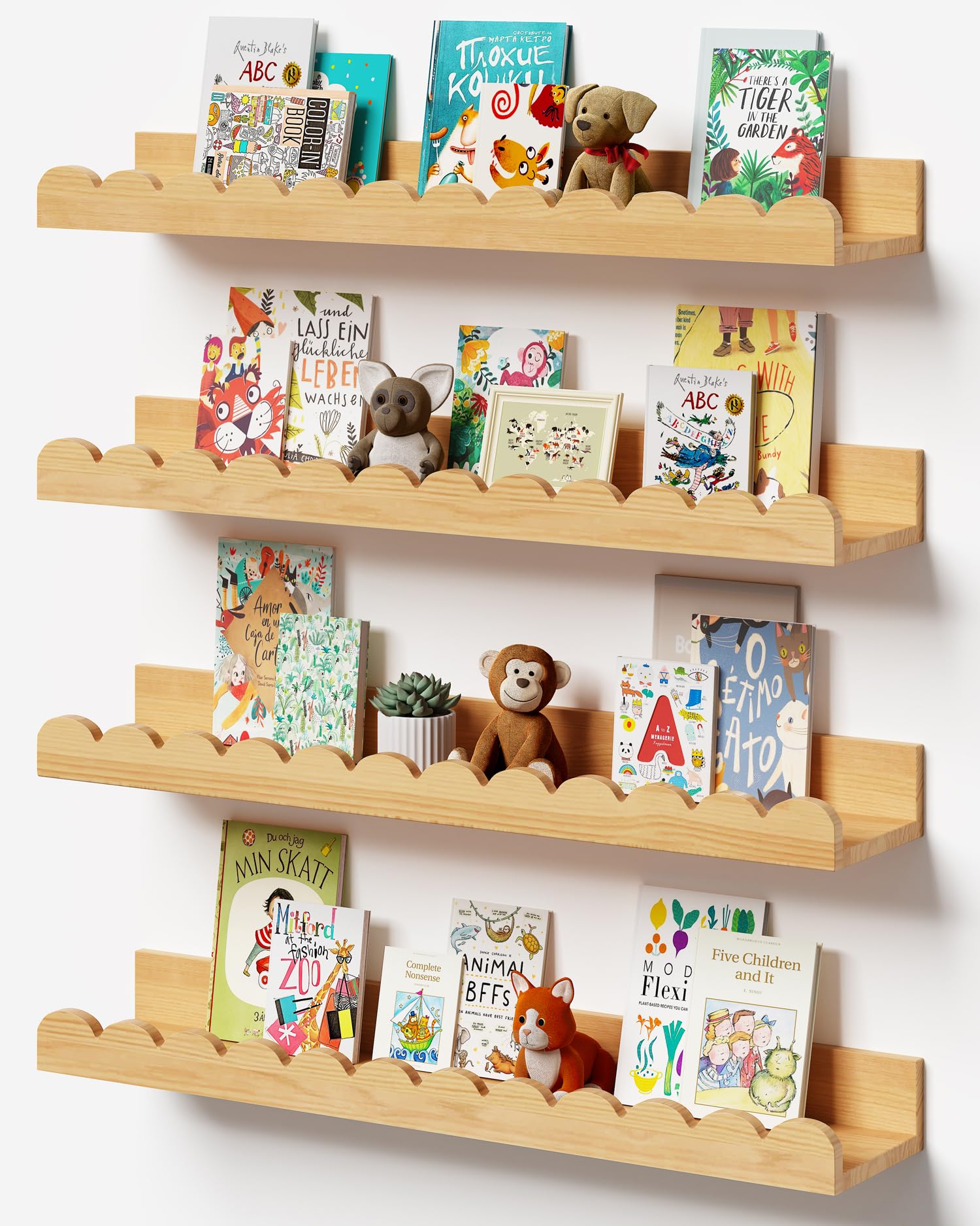 Gieanoo Floating Bookshelf, Scalloped Nursery Book Shelves set of 4 Solid Pine Wood Toddler Room Decor Wall Mounted Bookshelves for Bedroom Kids, Toddler Room, Baby Room(Natural,40cm)