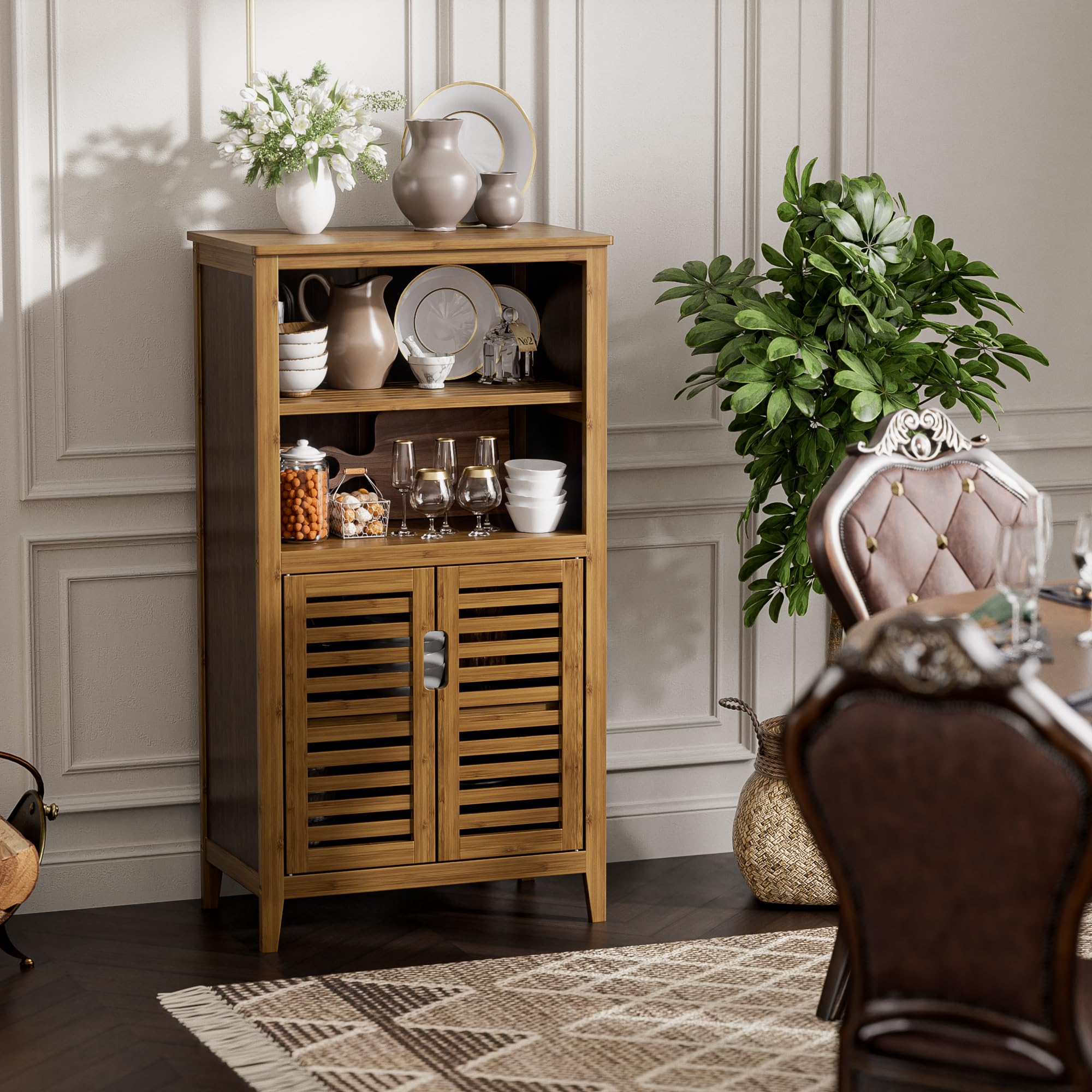 HITNET Mobiletto Bambu Bagno, Armadietto Bagno da Terra, Mobile Bagno Basso con Ripiani Rimovibili e Compartimento Aperto, adatto per Soggiorno, Cucina e Corridoio, Noce