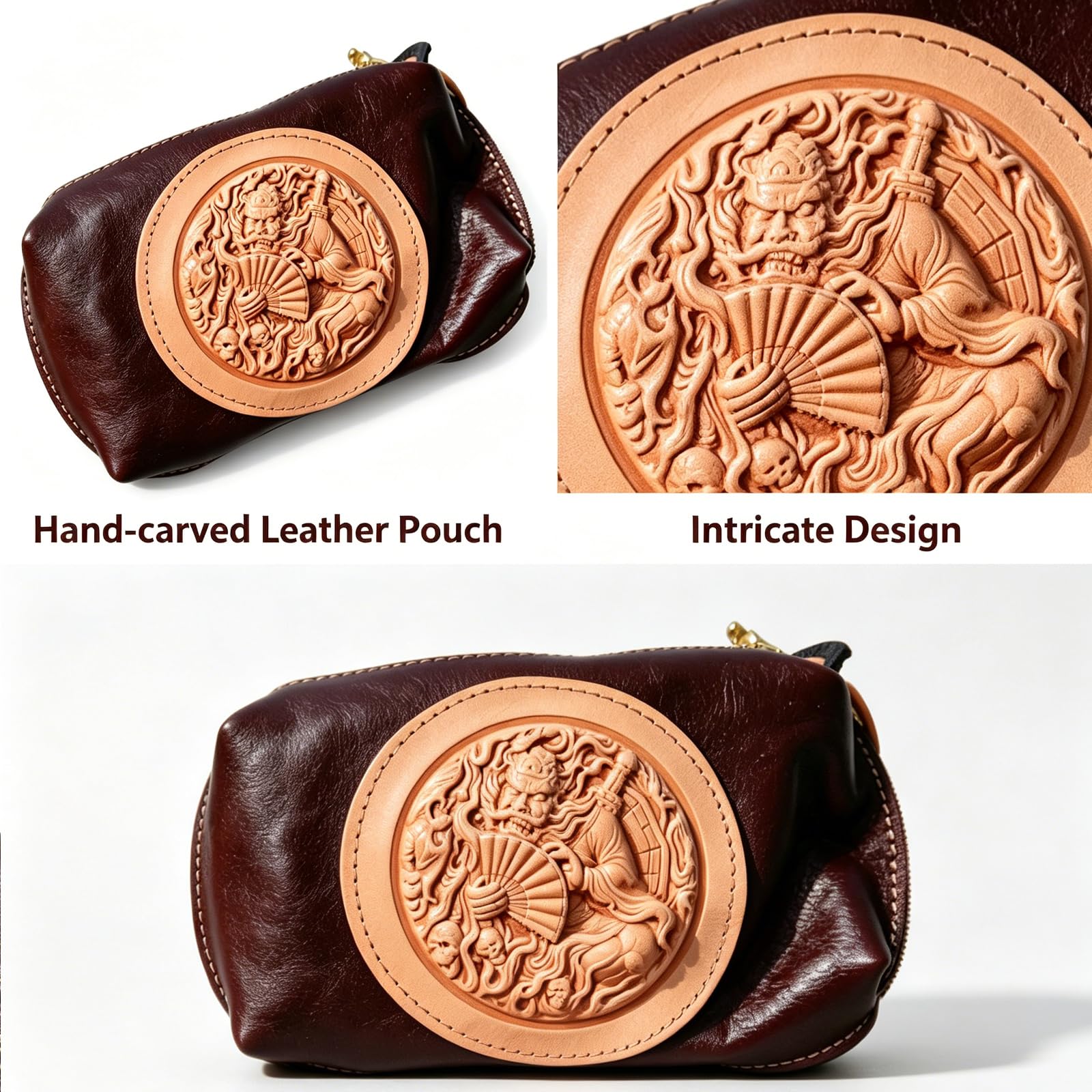 Bolsa De Teléfono En Piel Genuina, Real, Clutch De Zhong Kui Tallada A Mano, Bolsa Retro En De Vaca Grano Superior, Bolsa Almacenamiento con Diseño De Dios Chino En Relieve